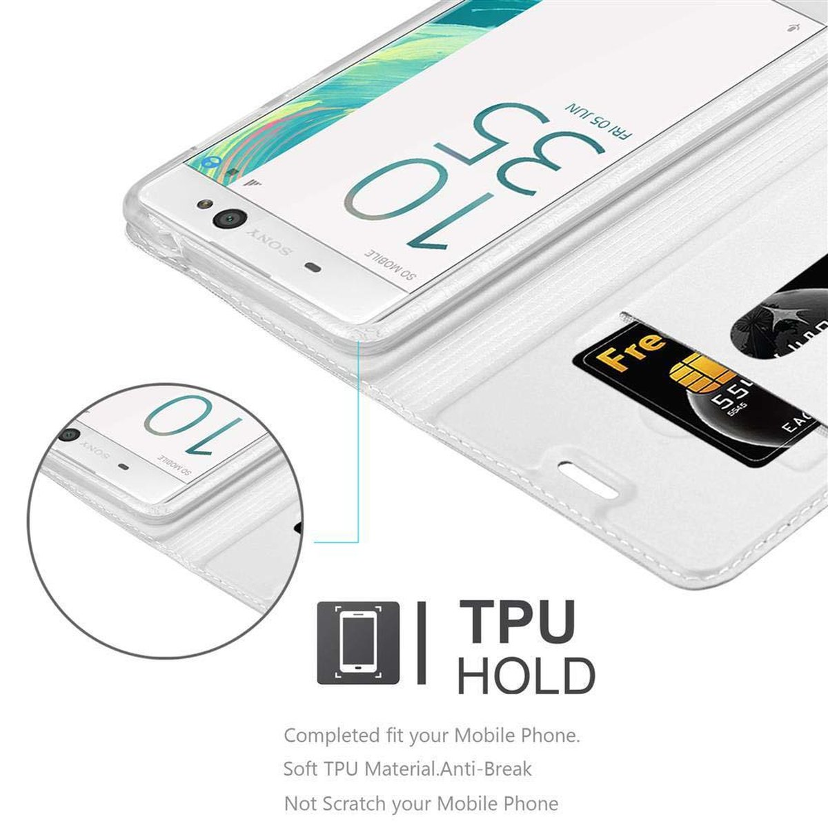 Un telefono in una custodia trasparente con una carta di credito e un primo piano dell'angolo del telefono con testo.