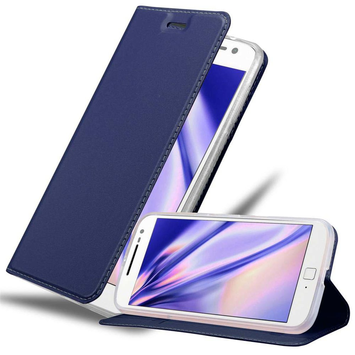 Una funda azul marino abierta, con un teléfono dentro. La pantalla está encendida.