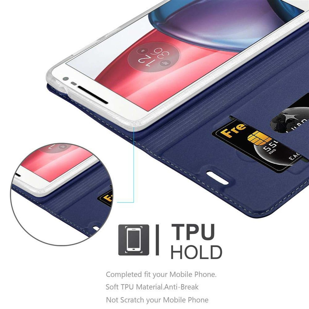Un smartphone está en una funda azul. Hay una tarjeta SIM en la funda. La funda está abierta.