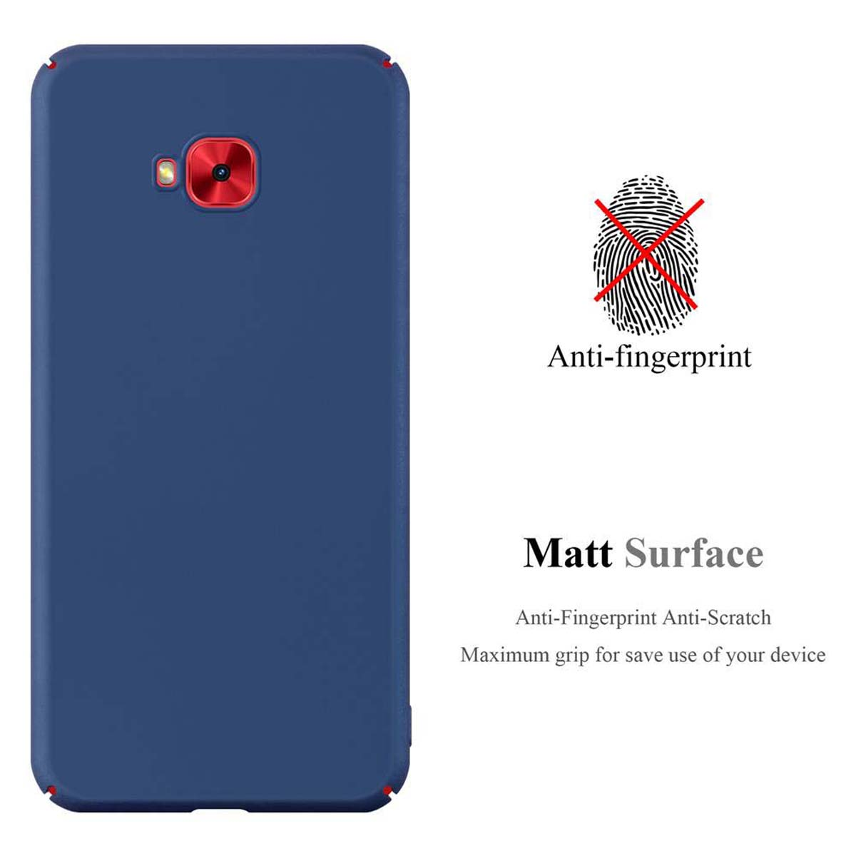 Custodia blu. Telefono nero dentro. Anti-impronte e antigraffio. Superficie opaca. Sfondo bianco.