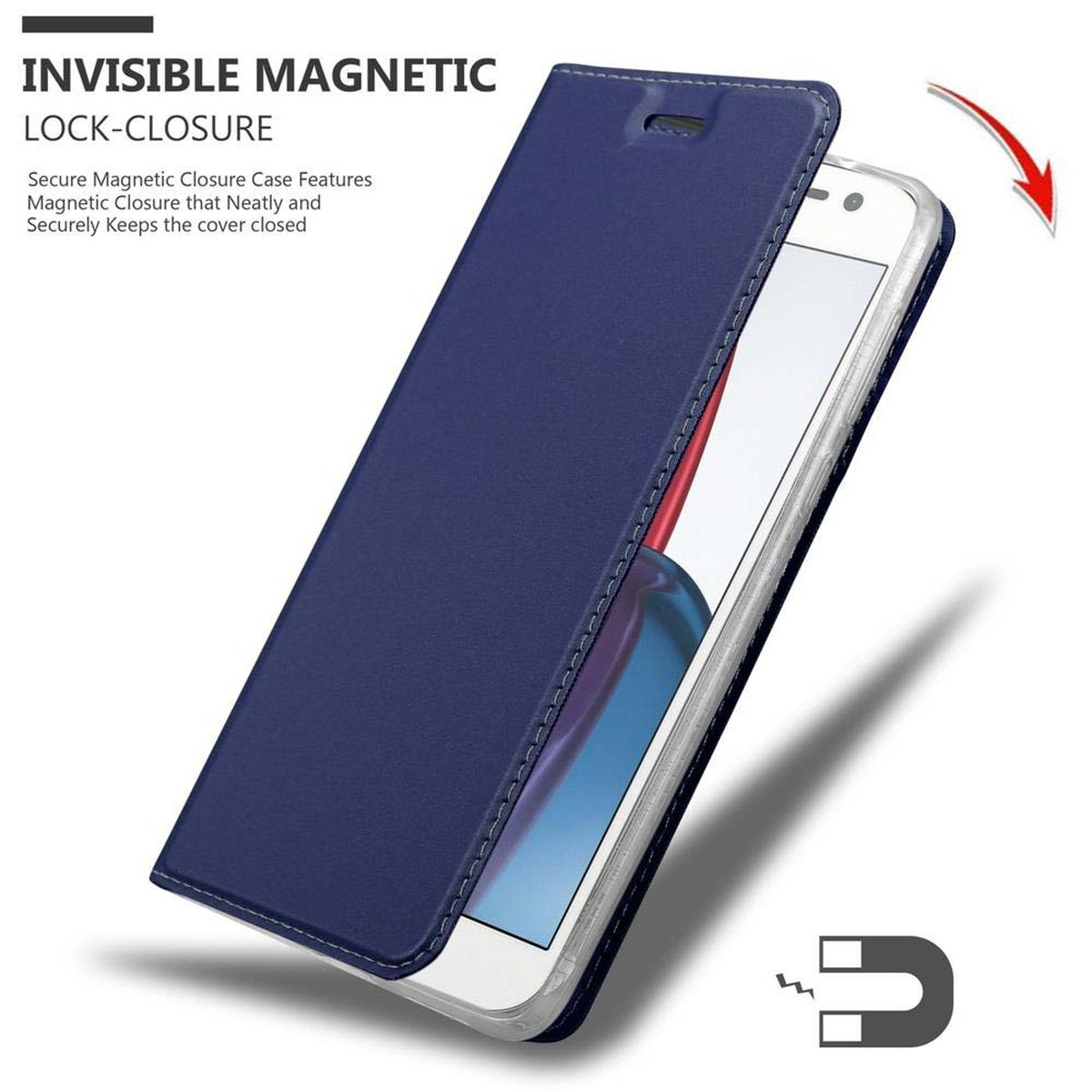 Una funda de teléfono azul abierta, mostrando un teléfono. Tiene un cierre magnético y un símbolo de imán.
