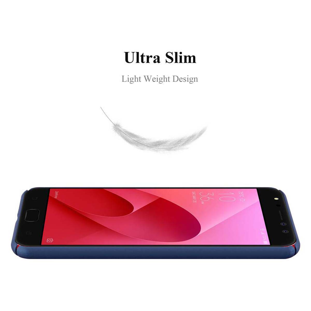 Uno smartphone è su una custodia blu. Una piuma bianca è sopra. Il testo recita 'Ultra Slim'.