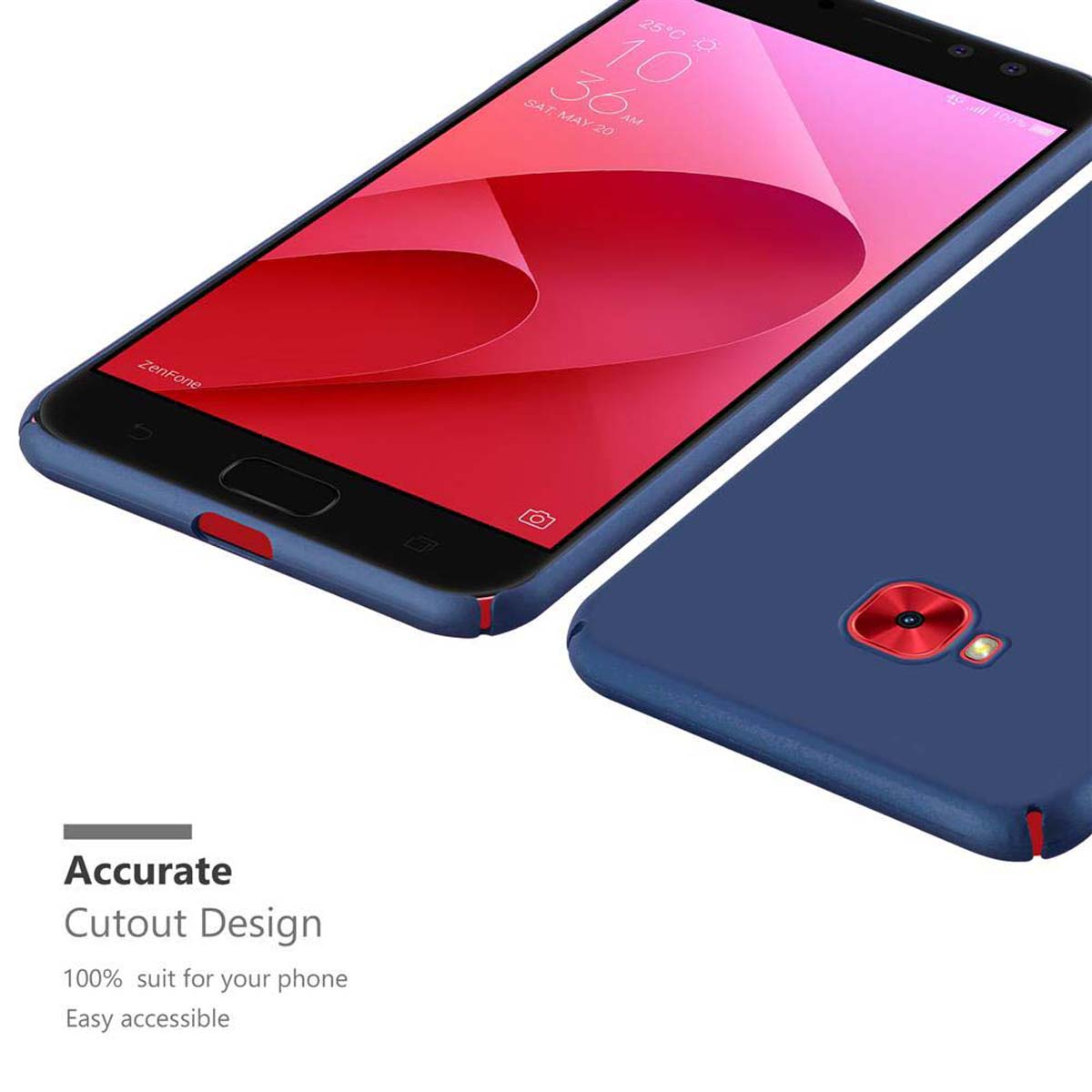 Primo piano di due telefoni in custodie blu navy, uno mostra uno schermo rosso. Testo: Design preciso dei ritagli.