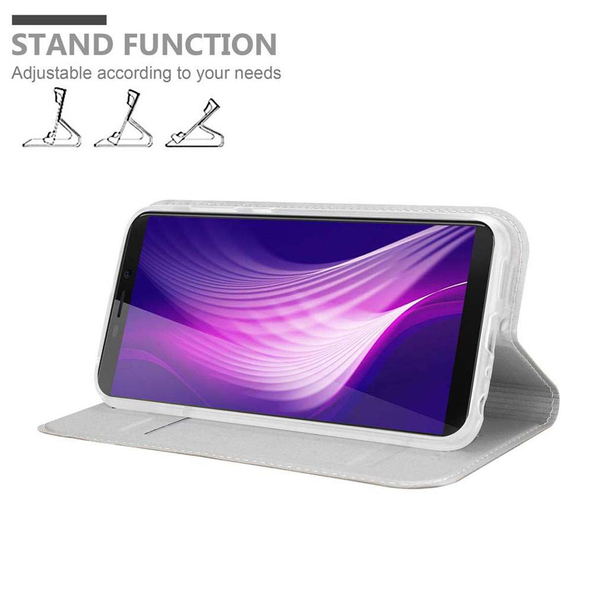 Custodia bianca con telefono in posizione verticale. Lo schermo mostra un design viola. Testo: Funzione supporto.