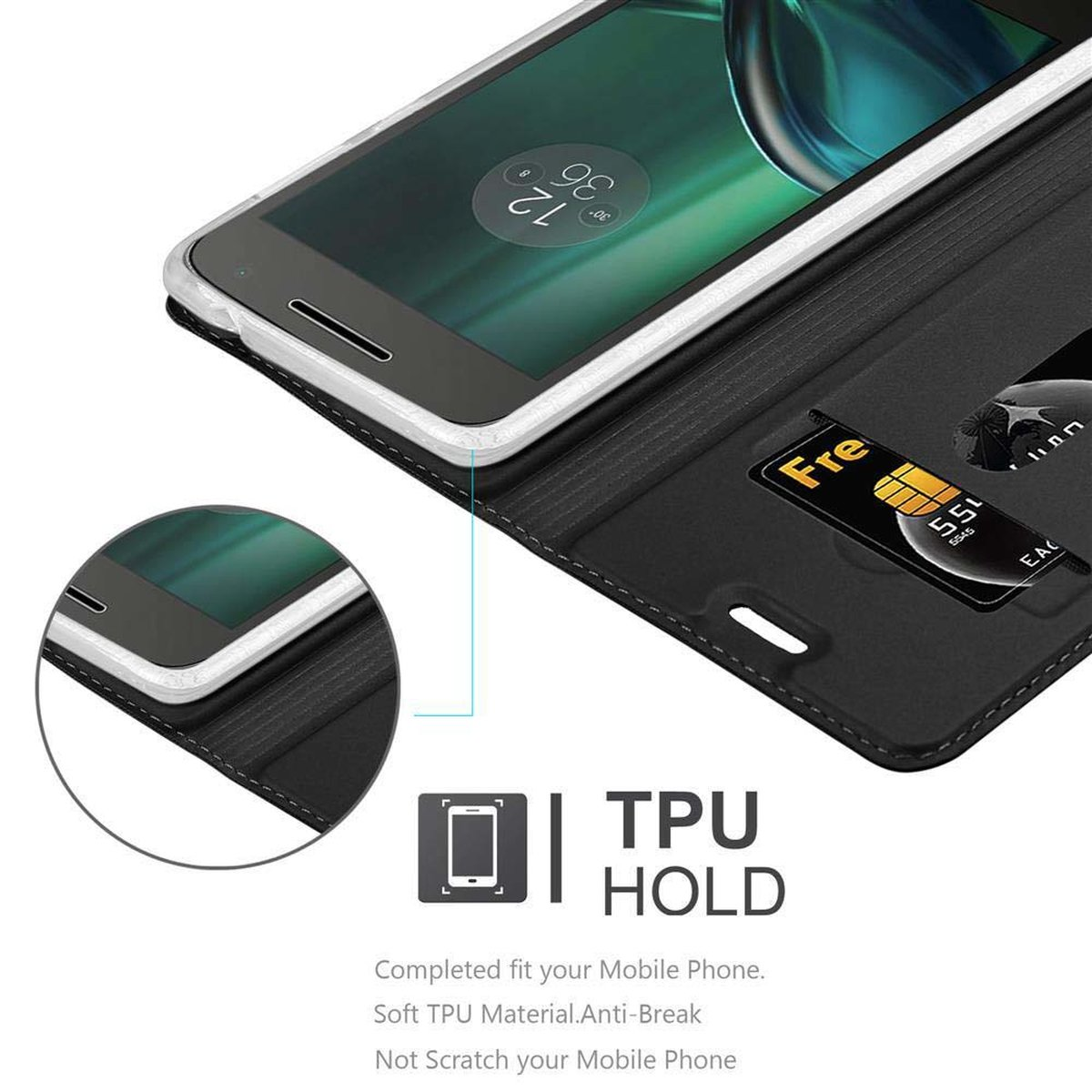 Custodia per telefono nera con slot per carte, contenente una carta di credito. All'interno un telefono con orologio digitale.