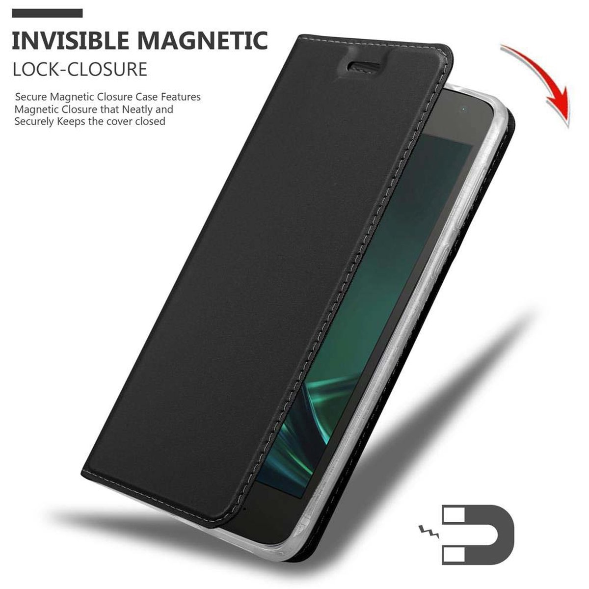 Custodia nera per telefono con un telefono all'interno. Testo: Chiusura a chiusura magnetica invisibile. Fissa il coperchio chiuso.