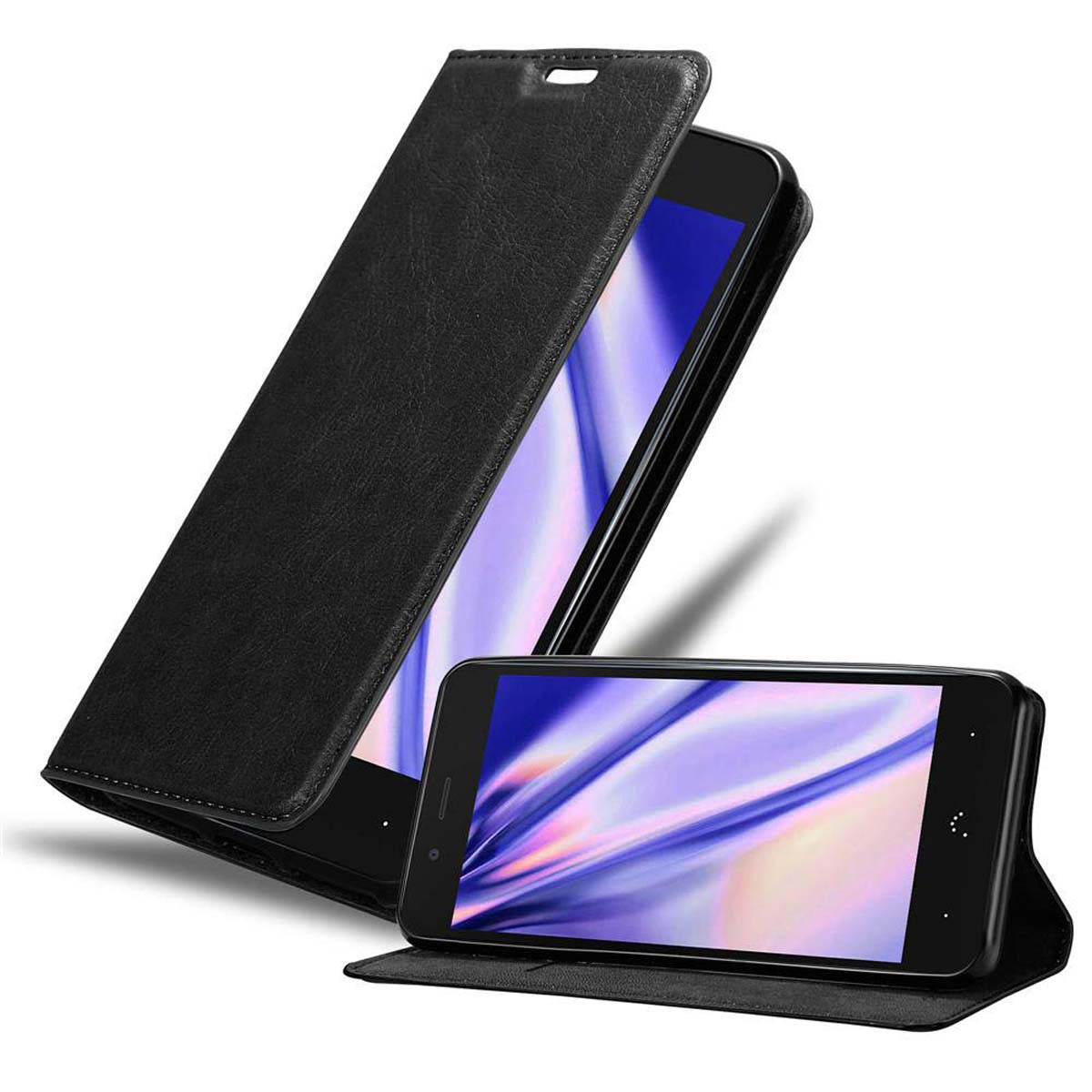 Una funda negra abierta, con un teléfono dentro. La pantalla está encendida.