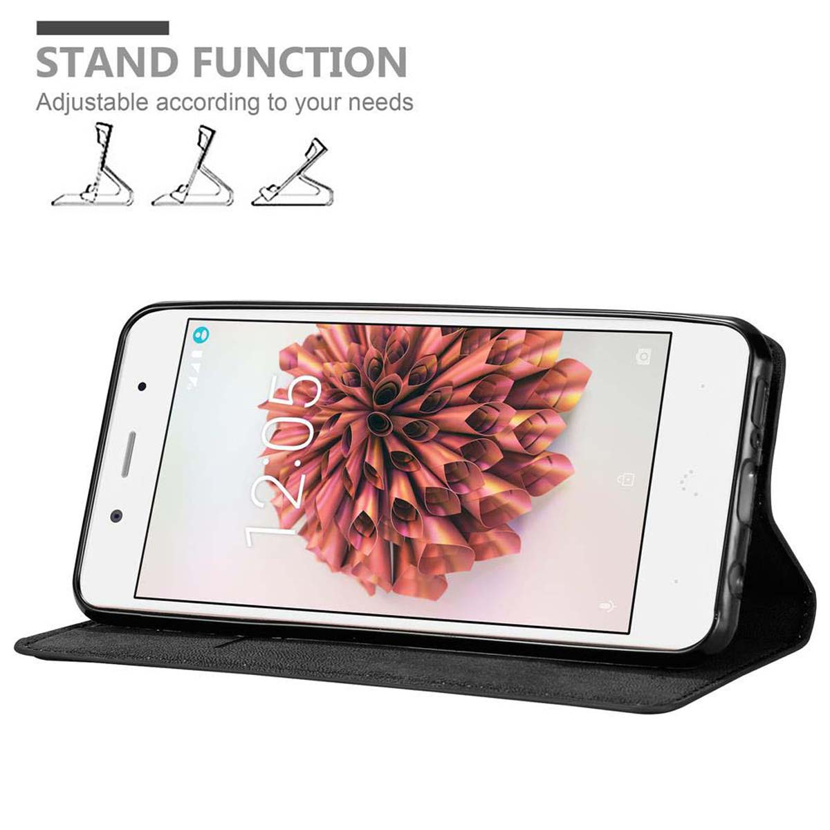 Teléfono en una funda negra con fondo de pantalla de flores. Función de soporte arriba.