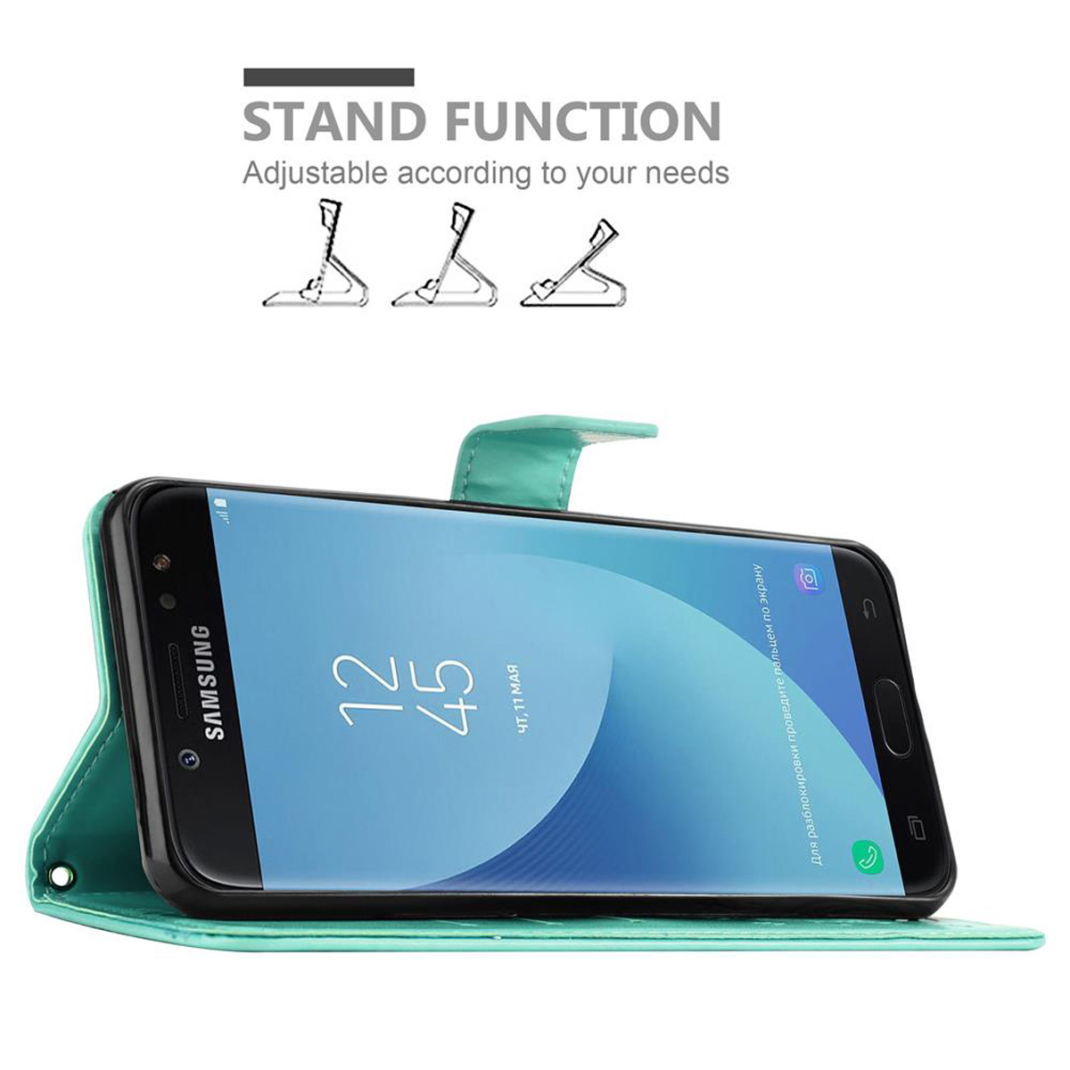 Custodia verde aperta, telefono in posizione stand. Sfondo bianco con icone di supporto.