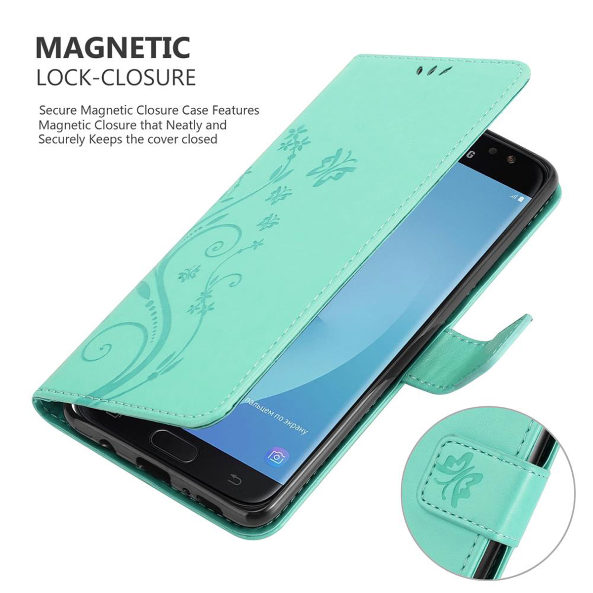 Custodia per telefono color verde acqua, aperta, che mostra lo schermo di un telefono. Un piccolo fermaglio è visibile.