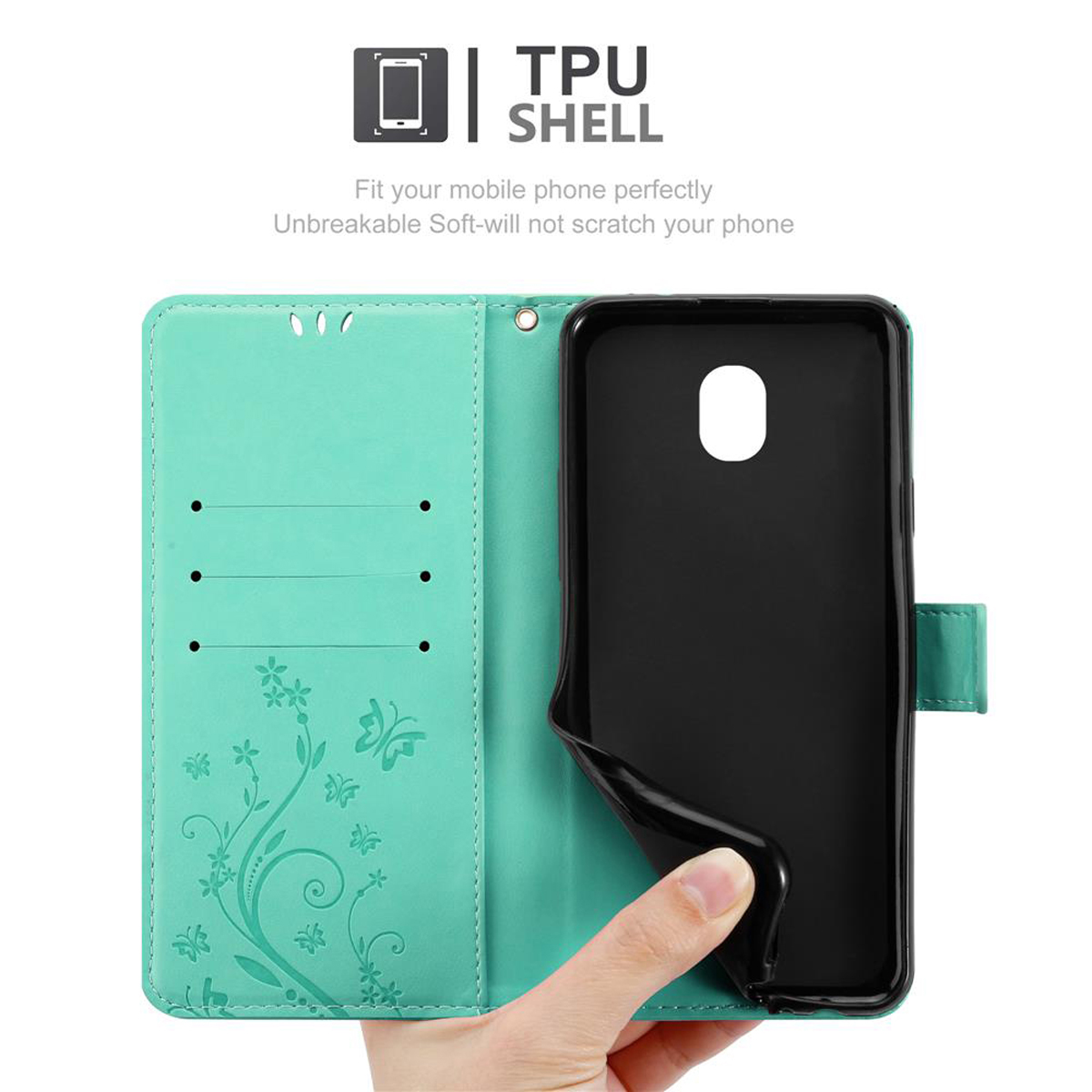 Custodia per telefono verde acqua con interno nero e una mano che la tiene aperta. La custodia ha un design a farfalla.