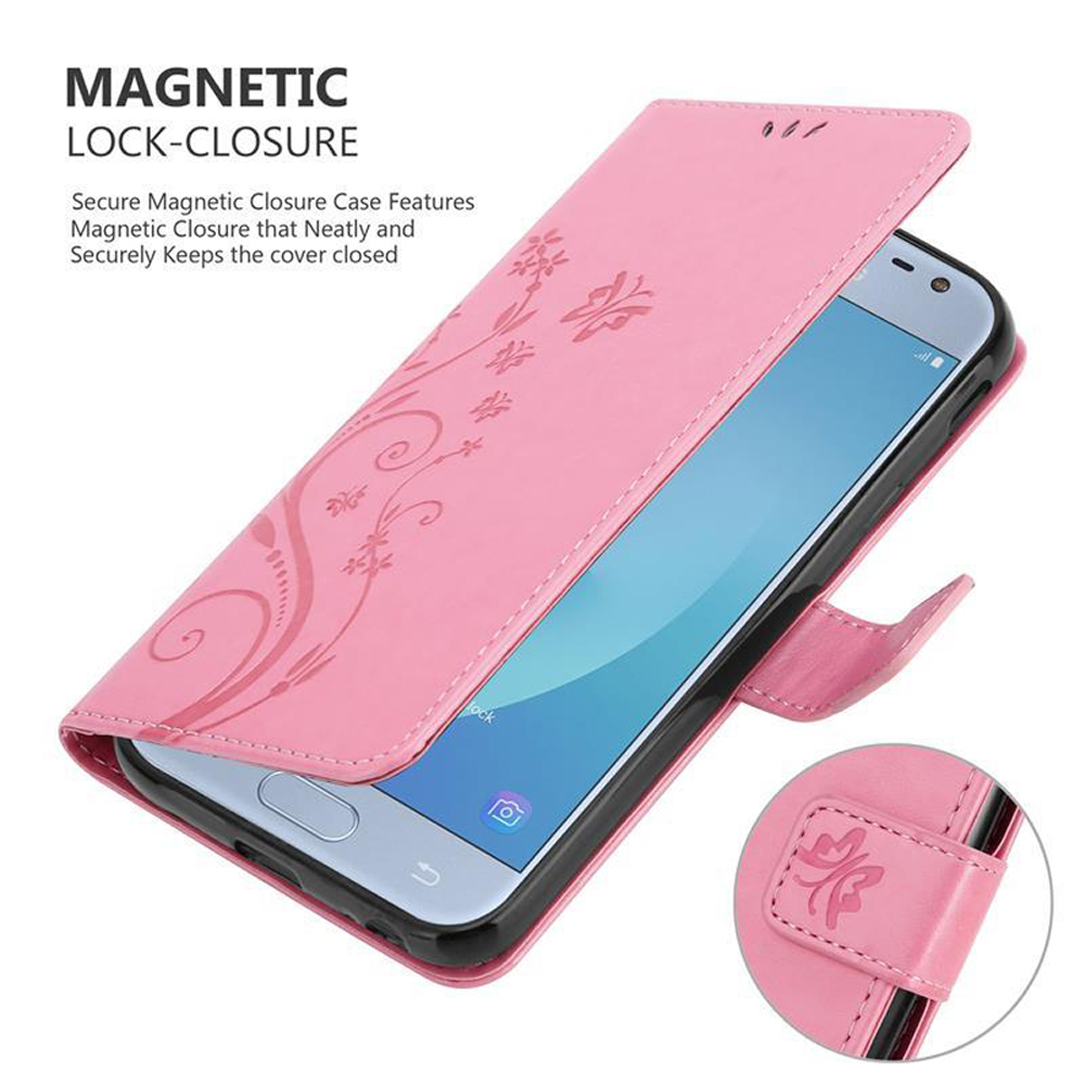 Custodia per telefono rosa con un telefono all'interno. La custodia è aperta. Il telefono è rosa con fiori. La custodia è rosa.