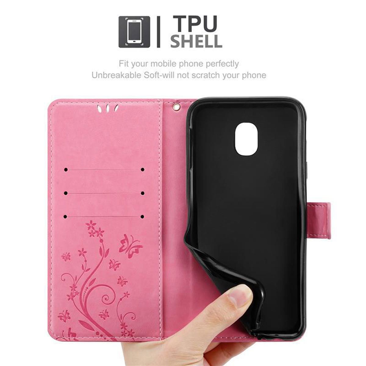 Custodia rosa aperta per rivelare il telefono. Testo: Guscio in TPU. Design floreale sulla custodia.