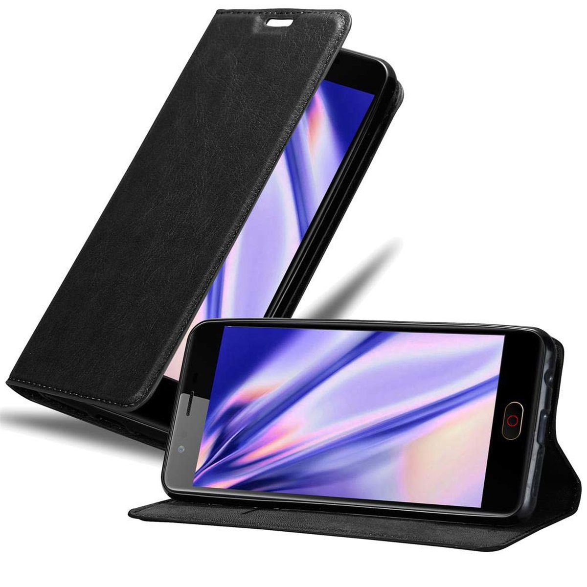 Schwarze Handyhülle offen. Ein Telefon mit verschwommenem Bild ist in der Hülle.