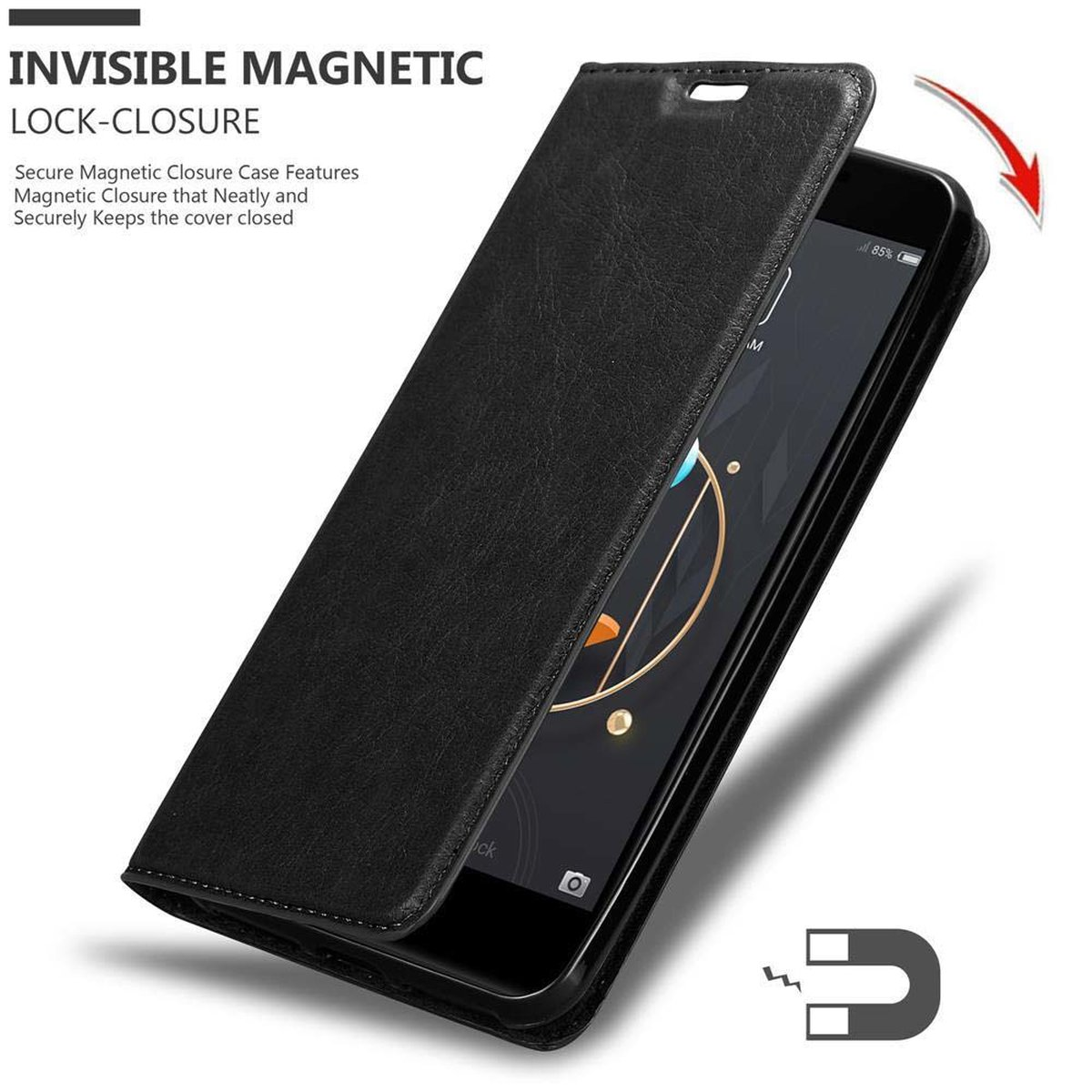 Schwarzes Telefon in schwarzer Hülle, teilweise geöffnet. Ein Magnetverschluss wird mit Pfeil gezeigt.