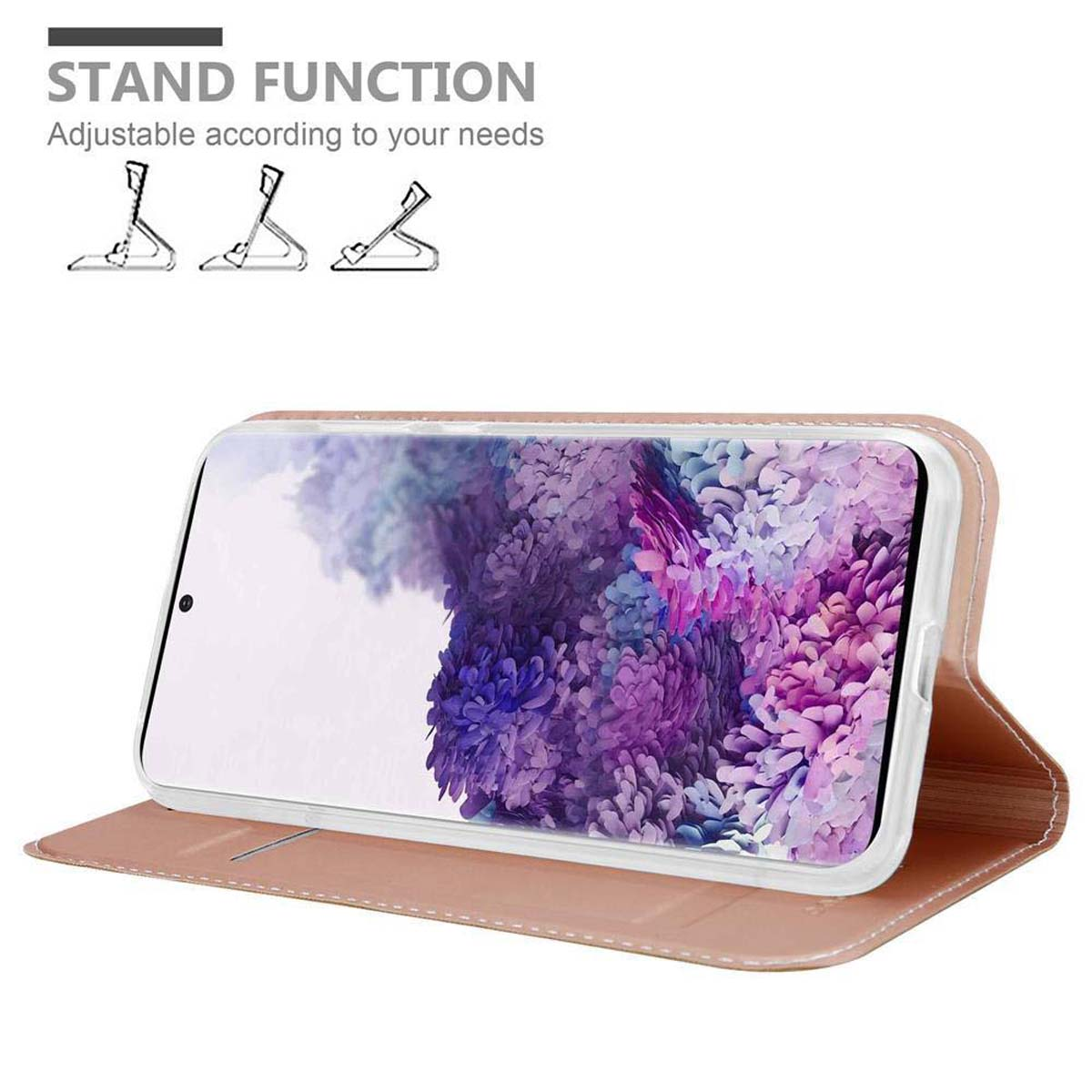 Rosa Handyhülle, mit Telefon im Inneren. Es steht aufrecht. Weißer Hintergrund. Standfunktion.