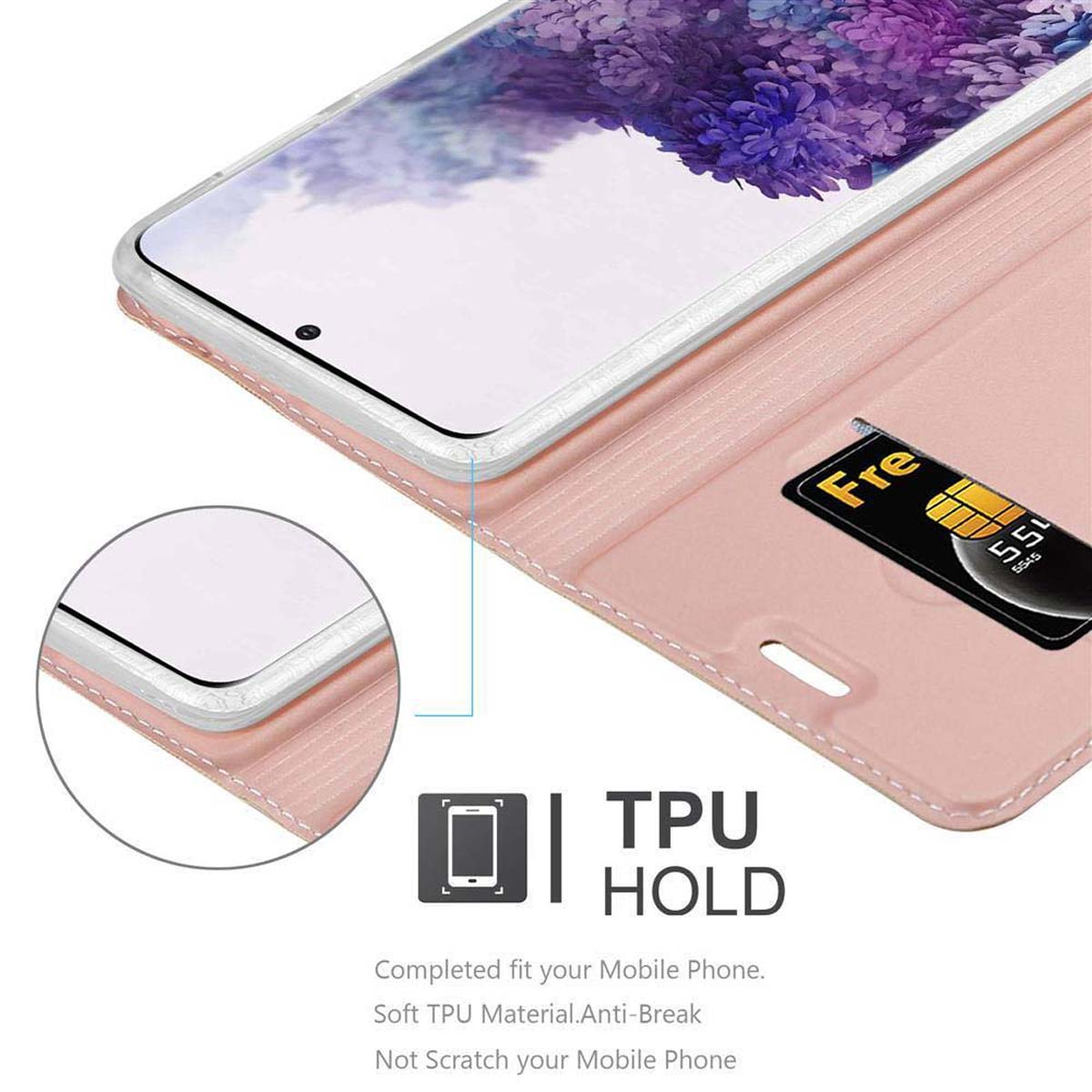 Rosa Handyhülle mit Telefon. Eine Karte ist drin. Text: TPU Hold. Vollständig passend, bruchsicher.