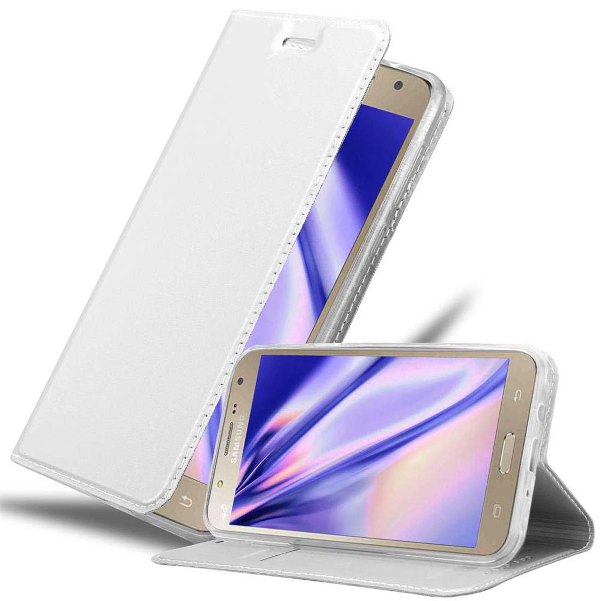 Funda blanca abierta. Un teléfono con imagen borrosa está dentro de la funda.