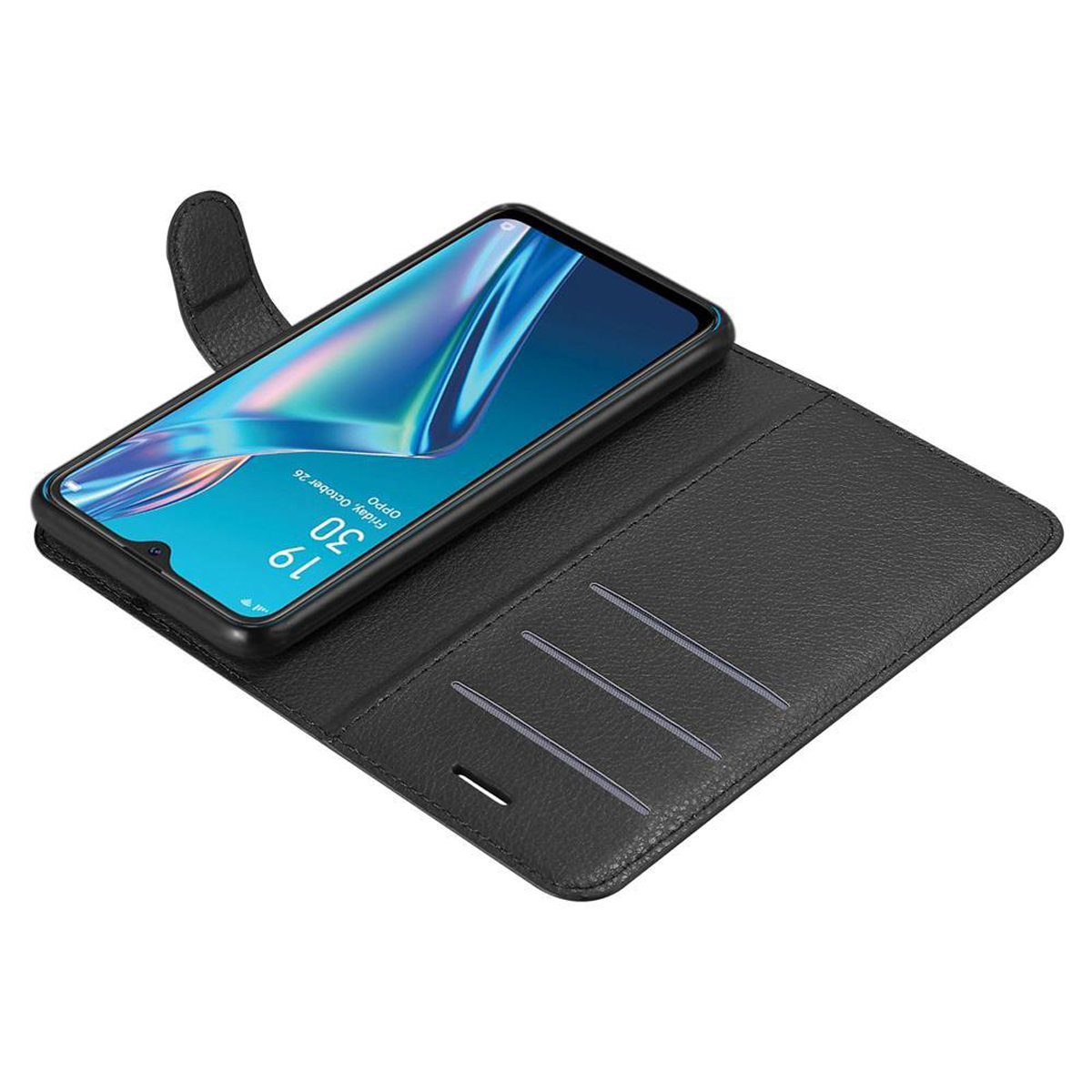 Schwarze Handyhülle offen, zeigt ein Telefon. Das Telefon befindet sich auf der rechten Seite. Weißer Hintergrund.