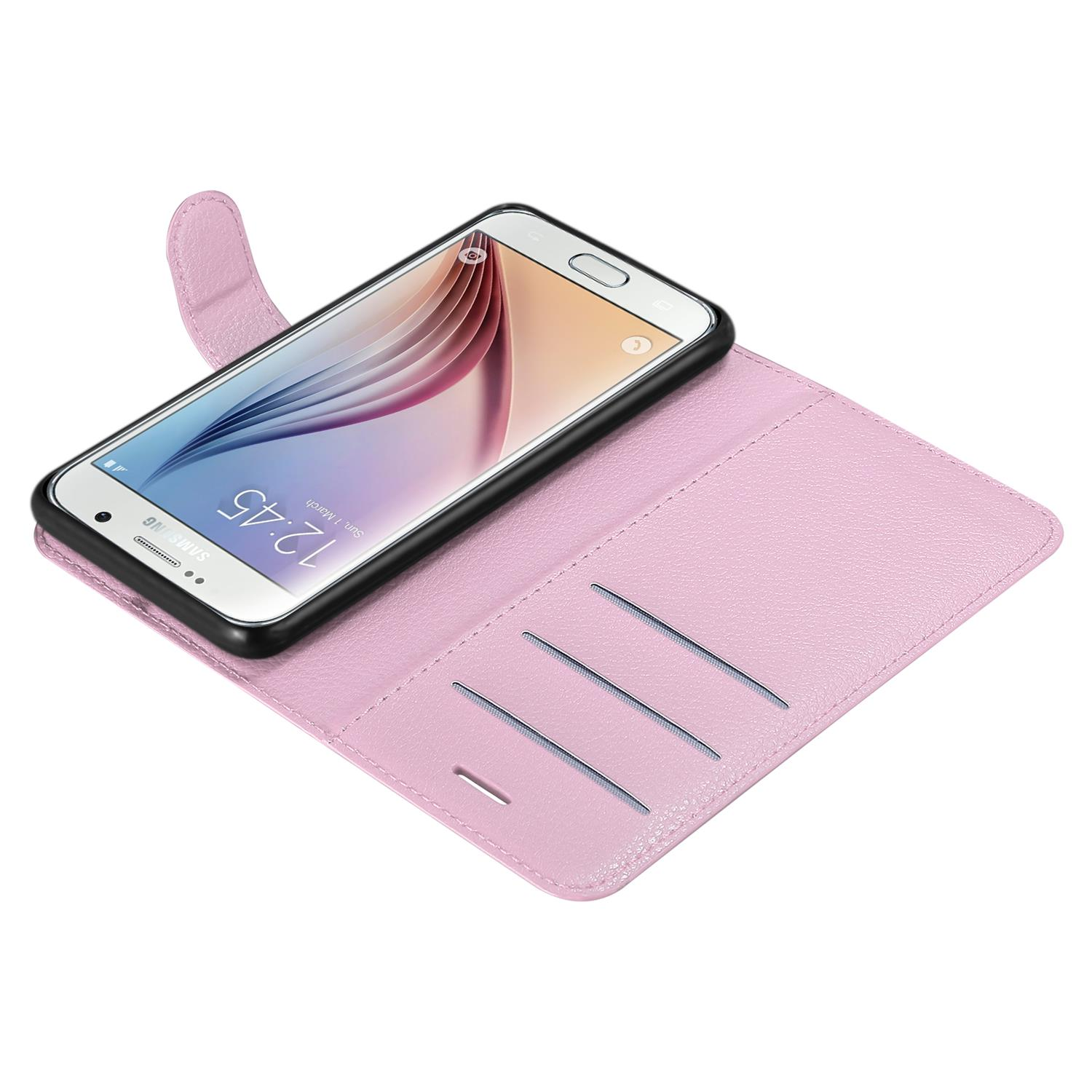 Custodia rosa per telefono, aperta con telefono dentro, tre slot per carte, sfondo bianco.