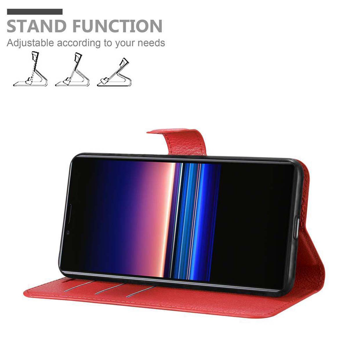 Custodia per telefono rossa con telefono all'interno, sollevato. Mostra la funzione stand con tre opzioni di supporto sullo schermo.