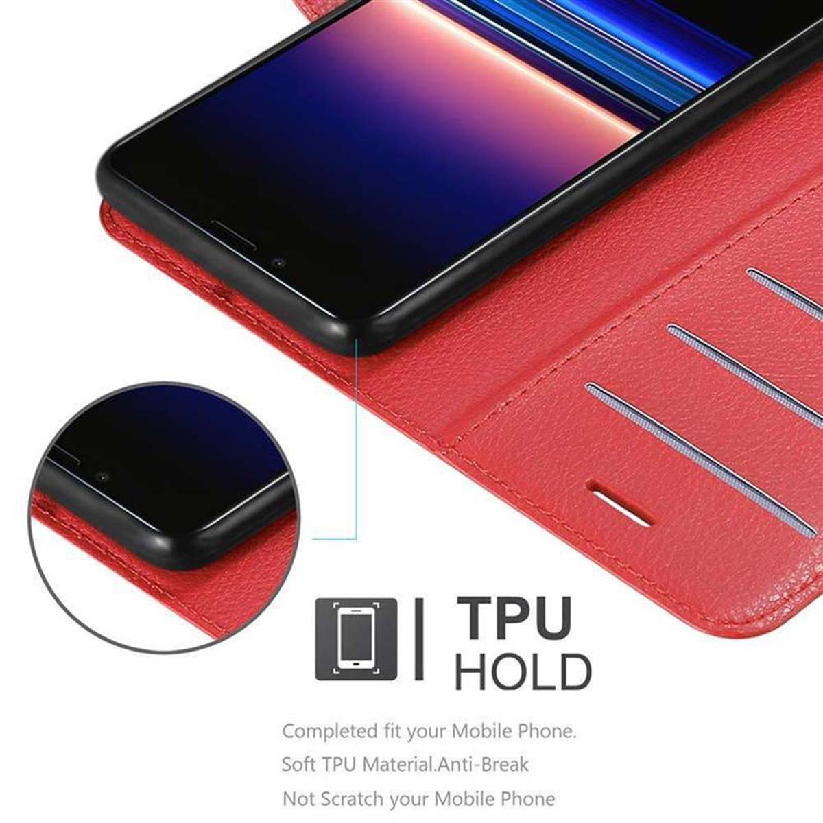 Custodia rossa con telefono dentro, supporto TPU, che indica funzioni di protezione.