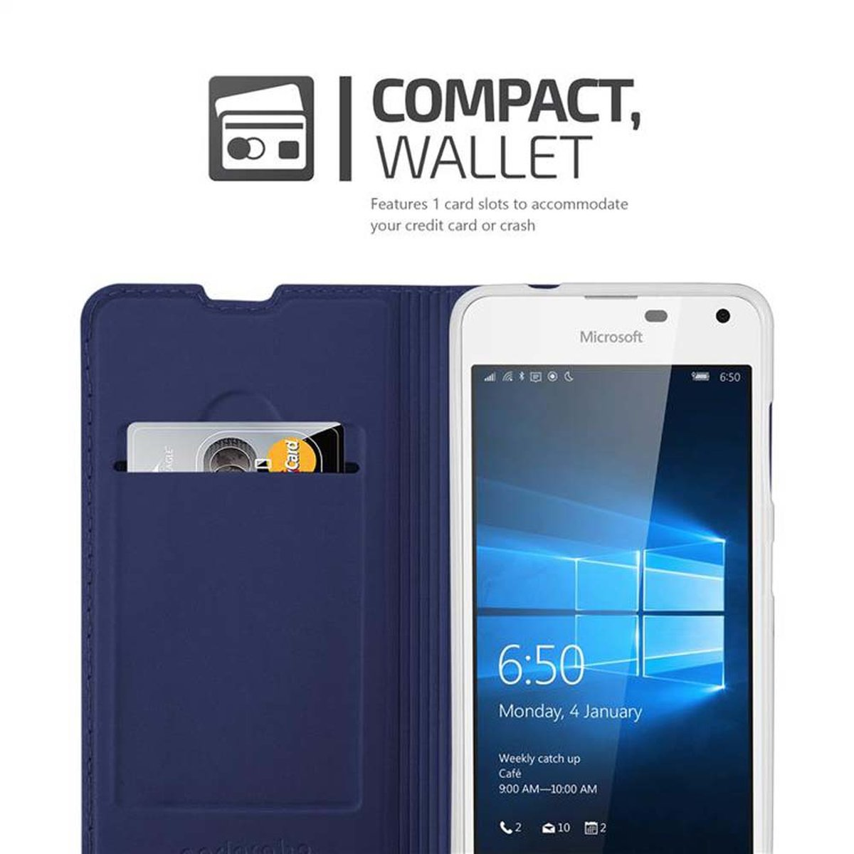 Portafoglio blu con telefono, slot per schede e interfaccia Microsoft.