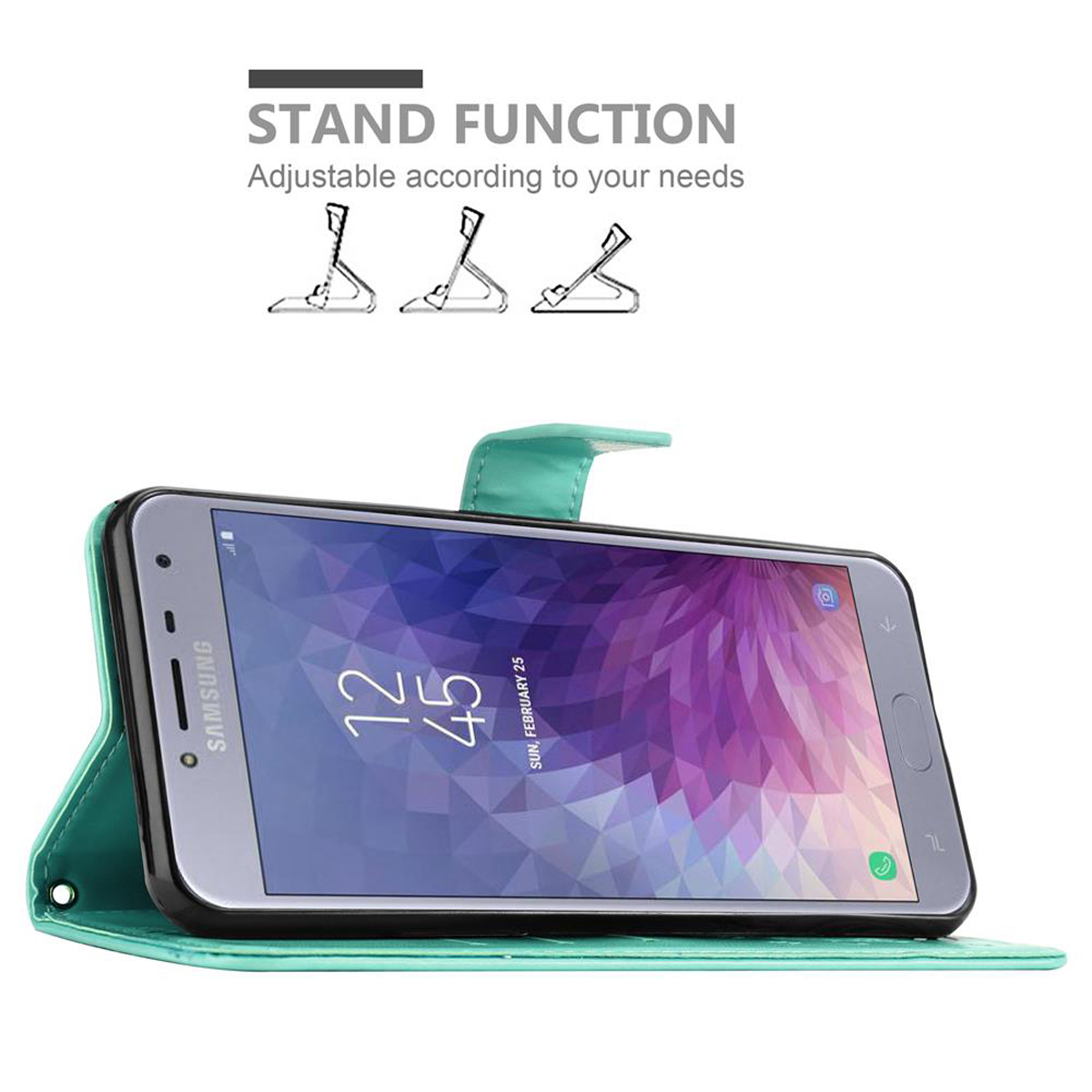 Una custodia verde acqua con un telefono che mostra uno schermo. La custodia è in posizione di supporto.