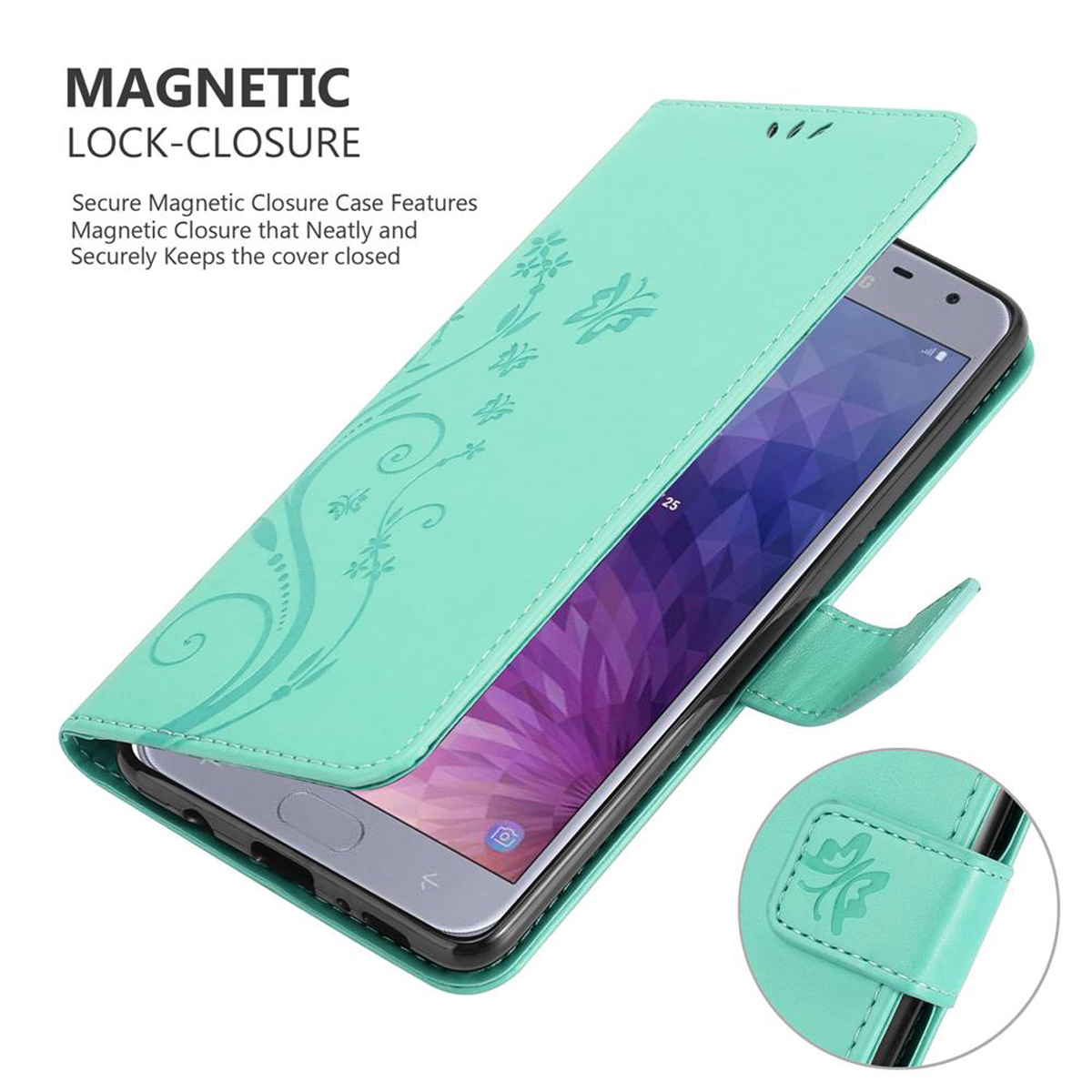 Custodia verde menta, aperta per mostrare il telefono. Design floreale sulla cover.
