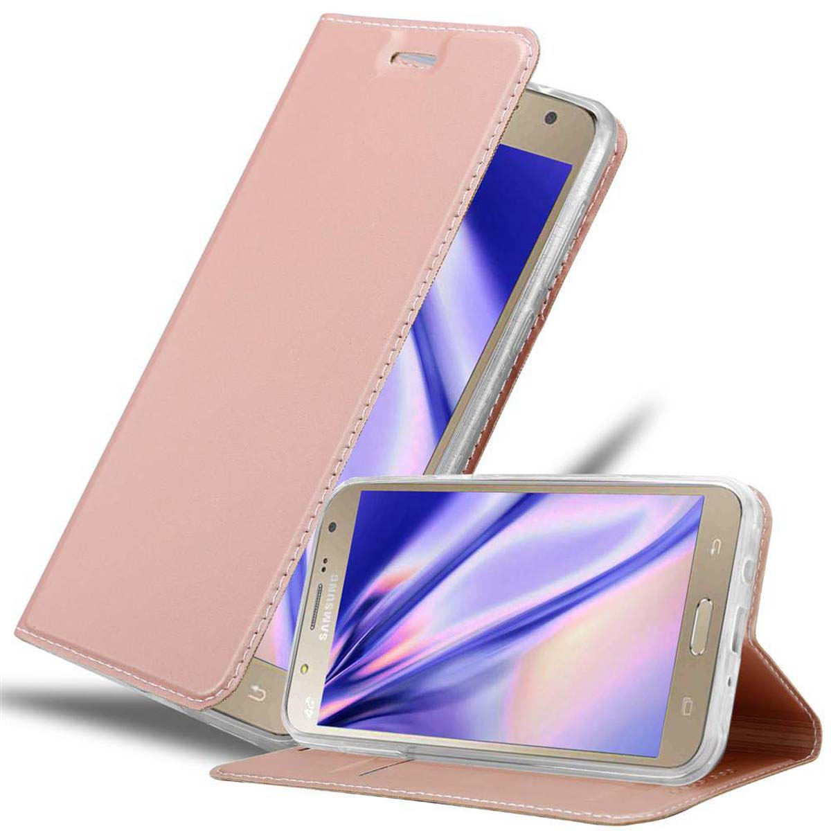 Funda de teléfono rosa con teléfono dentro. Fondo blanco.