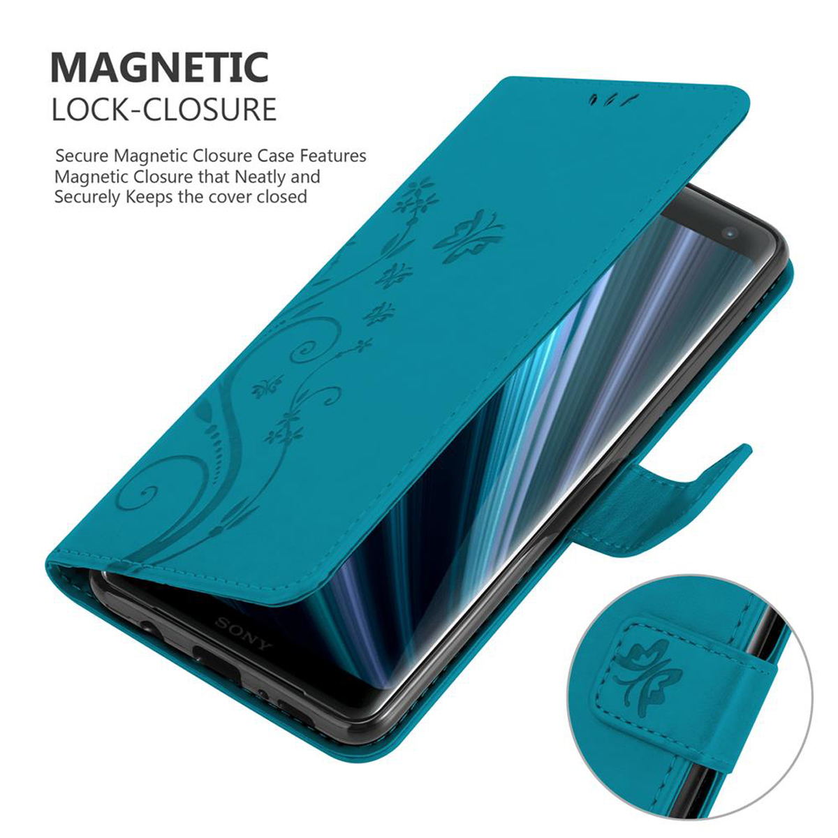 Custodia turchese con telefono. Design floreale e chiusura magnetica. Schermo visibile.