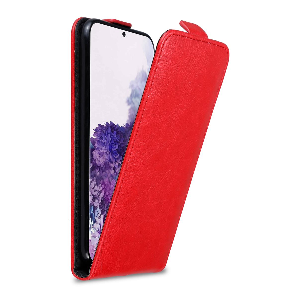 Una custodia rossa per telefono, aperta, con un telefono dentro. Il telefono mostra uno schermo.