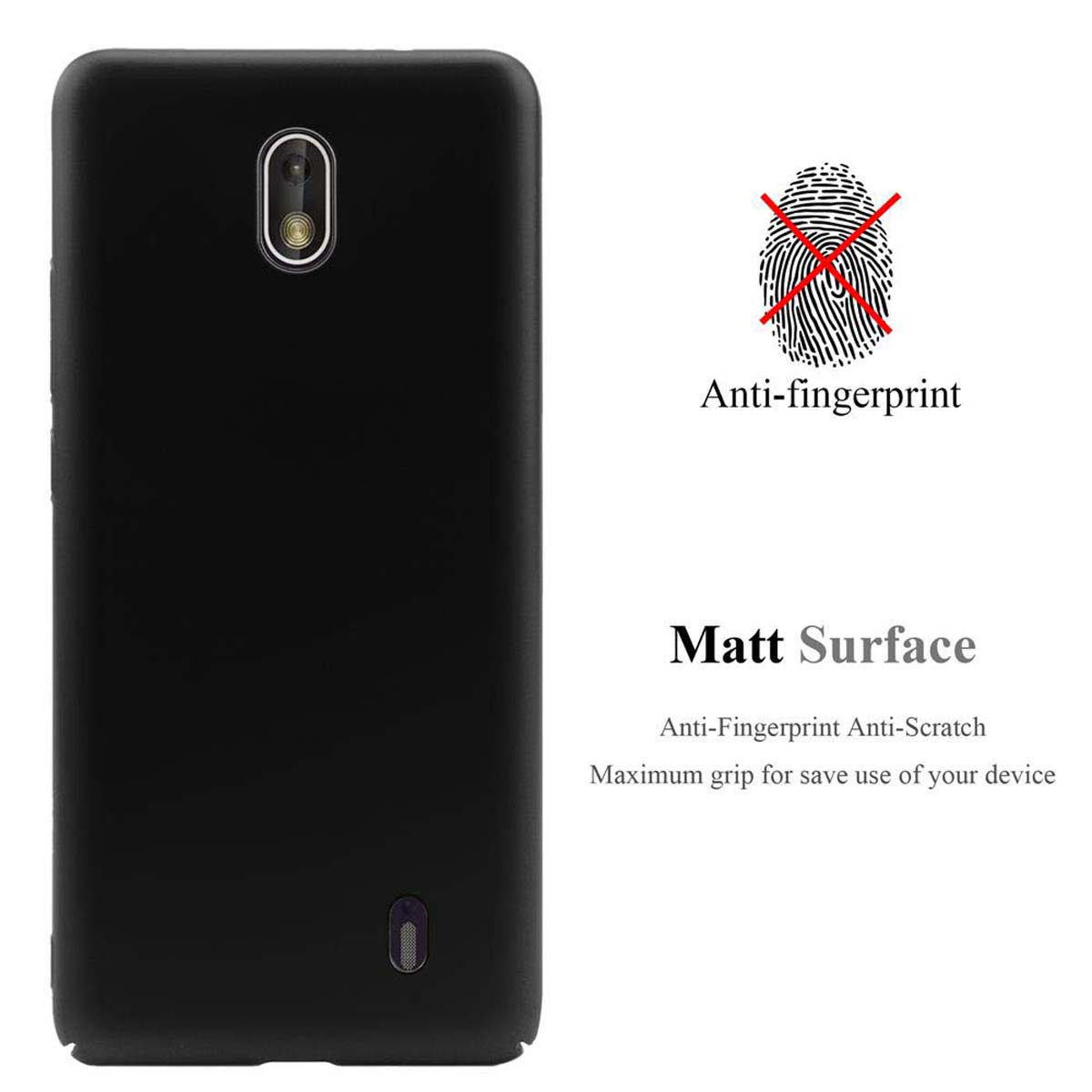 Schwarzes Telefon mit Anti-Fingerabdruck und matter Oberfläche, Fingerabdrucksymbol mit Kreuz.