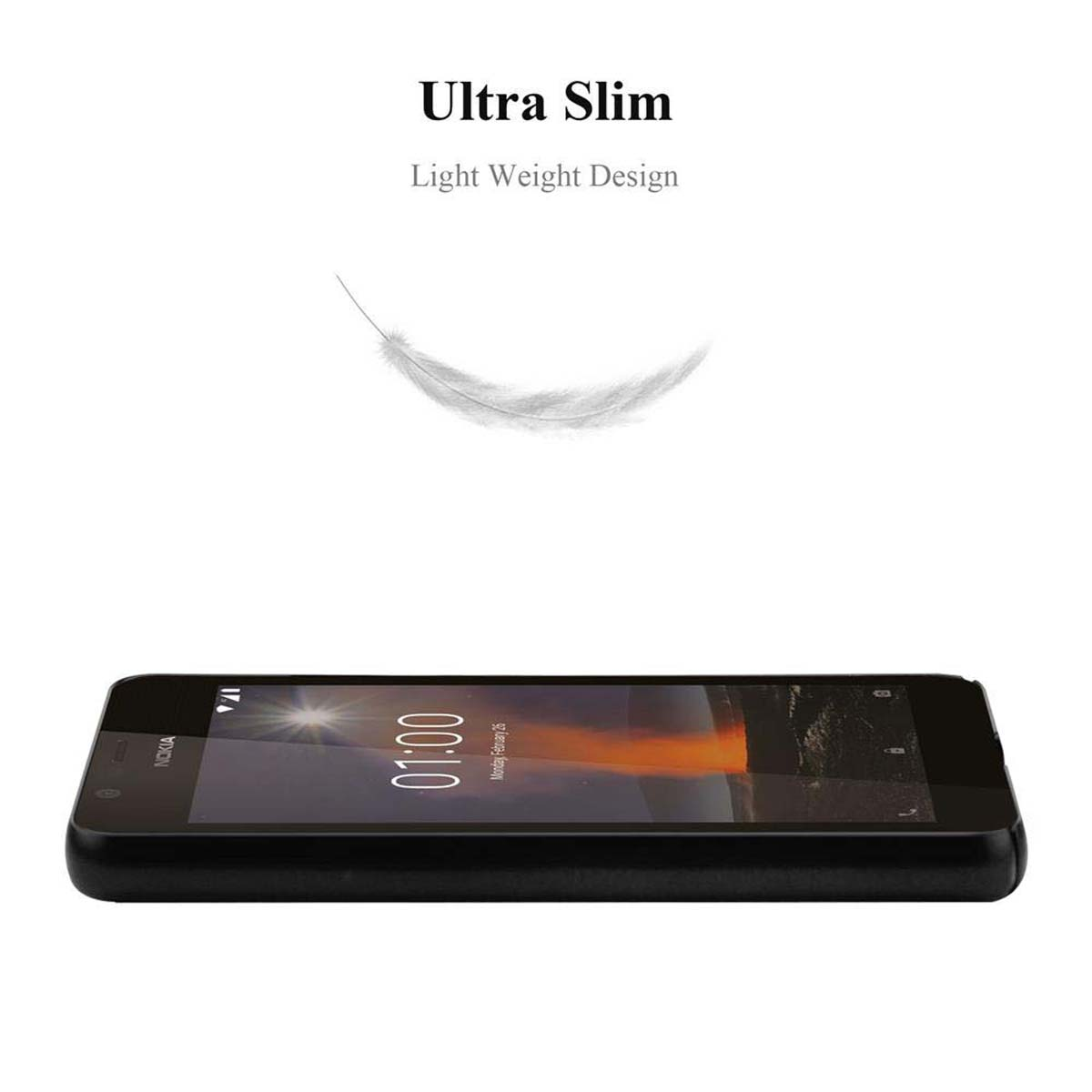 Schwarzes Telefon liegt flach, eine Feder schwebt darüber. Text: 'Ultra Slim' und 'Light Weight Design'.