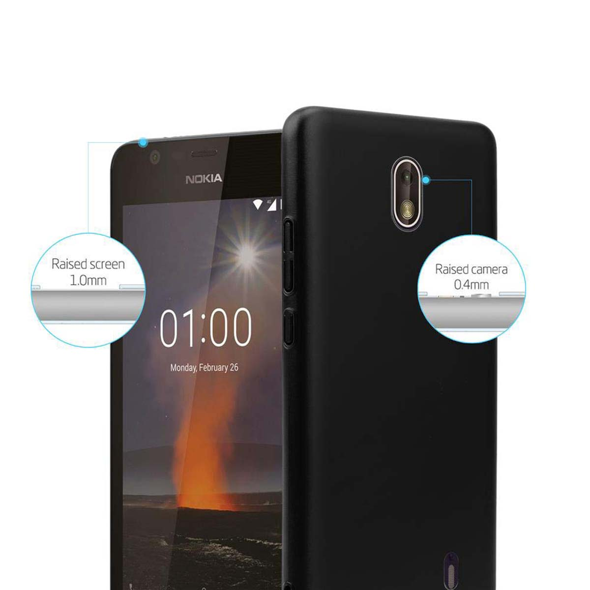 Eine schwarze Handyhülle auf einem Telefon mit Uhrzeit-Anzeige. Das Telefon ist schwarz.