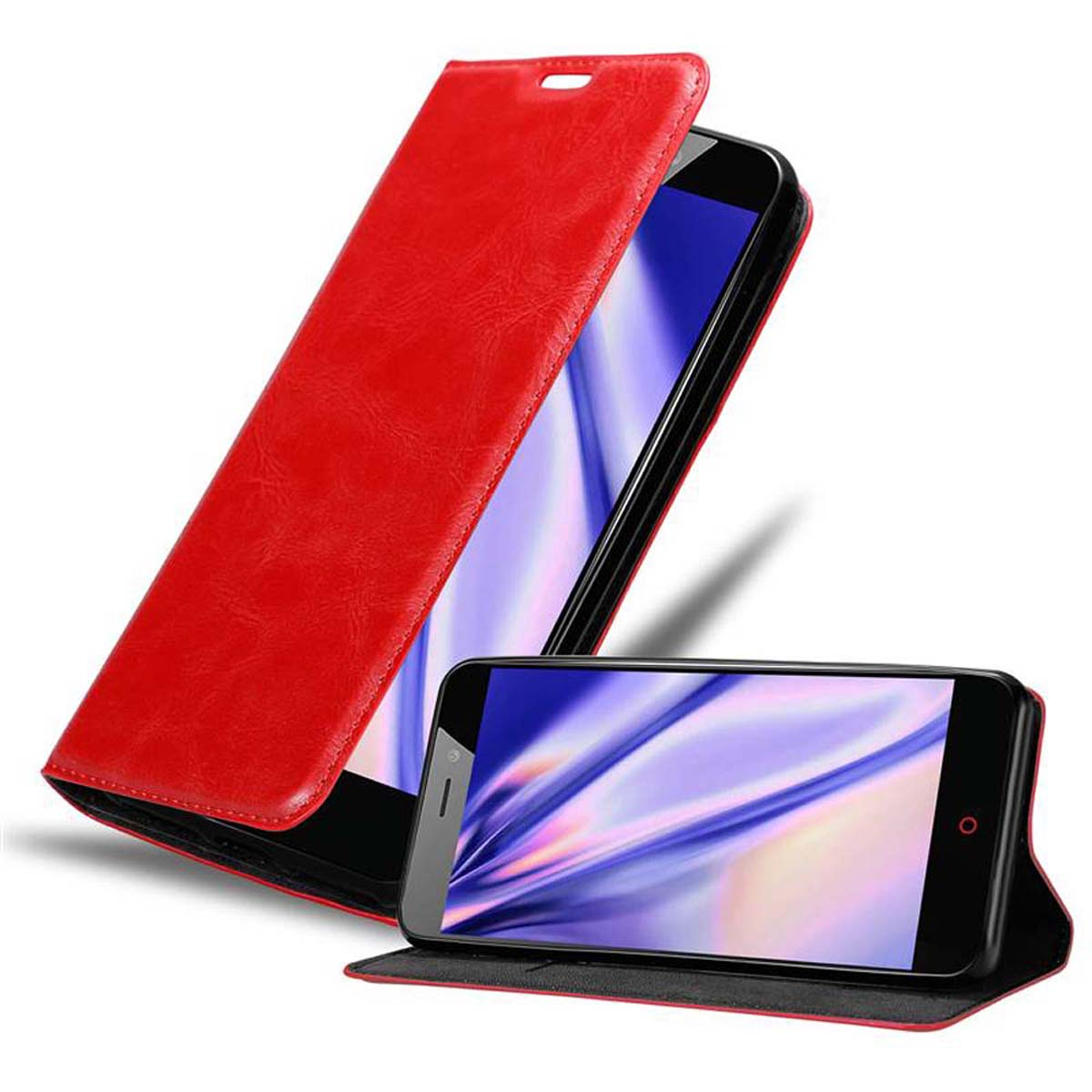 Custodia rossa con telefono. Custodia aperta, mostra schermo. Sfondo bianco.