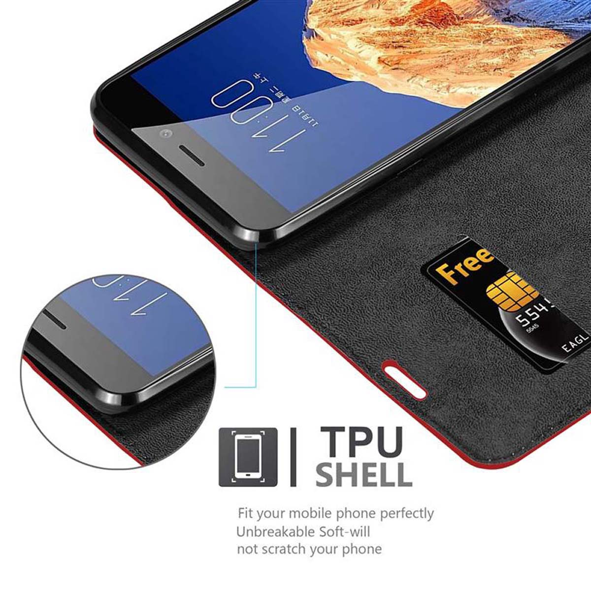 Uno smartphone è in una custodia nera, che mostra una scheda SIM. La custodia è aperta.