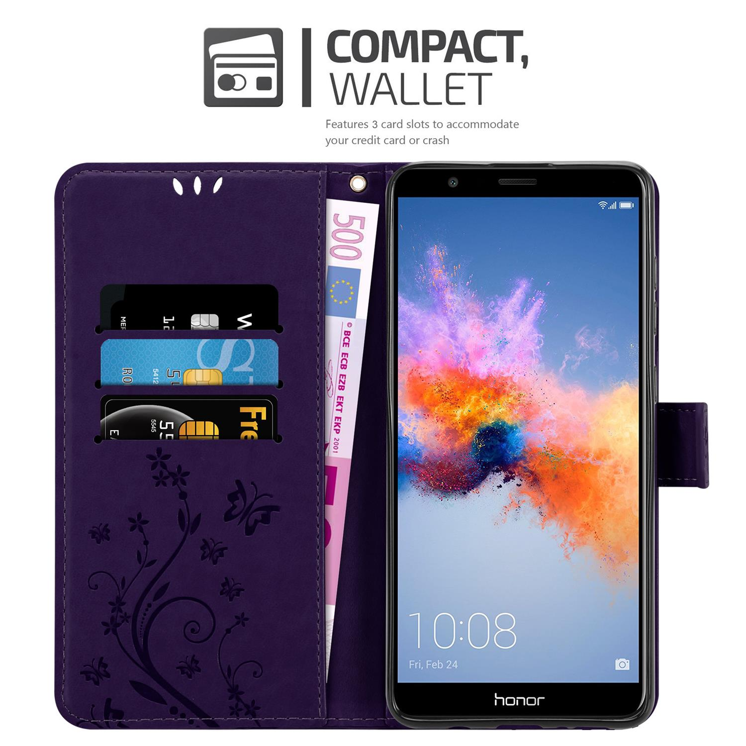 Custodia per telefono viola, aperta con carte e denaro all'interno. Lo schermo del telefono è acceso.