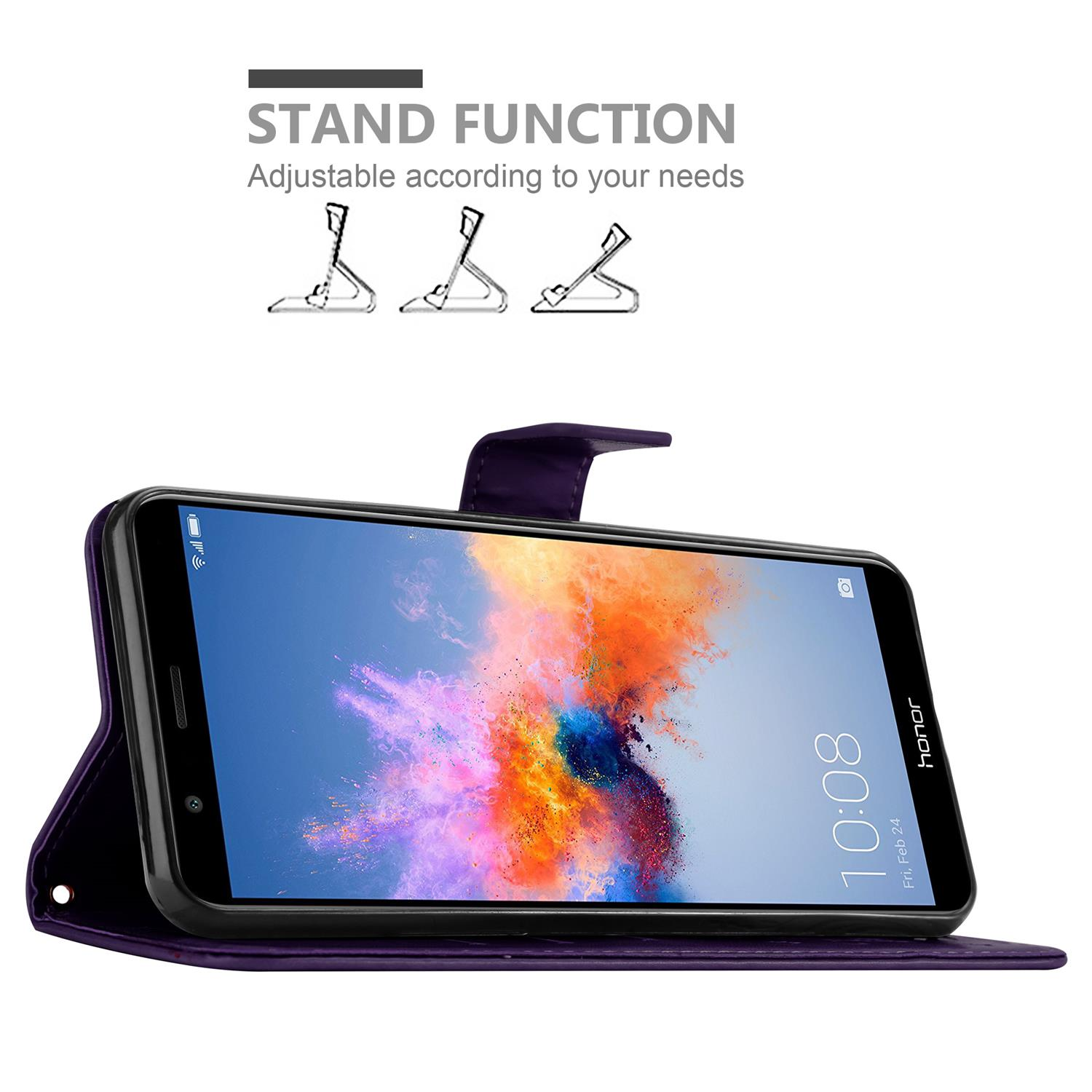 Custodia per telefono viola con funzione supporto, che tiene un telefono con l'ora 10:08.