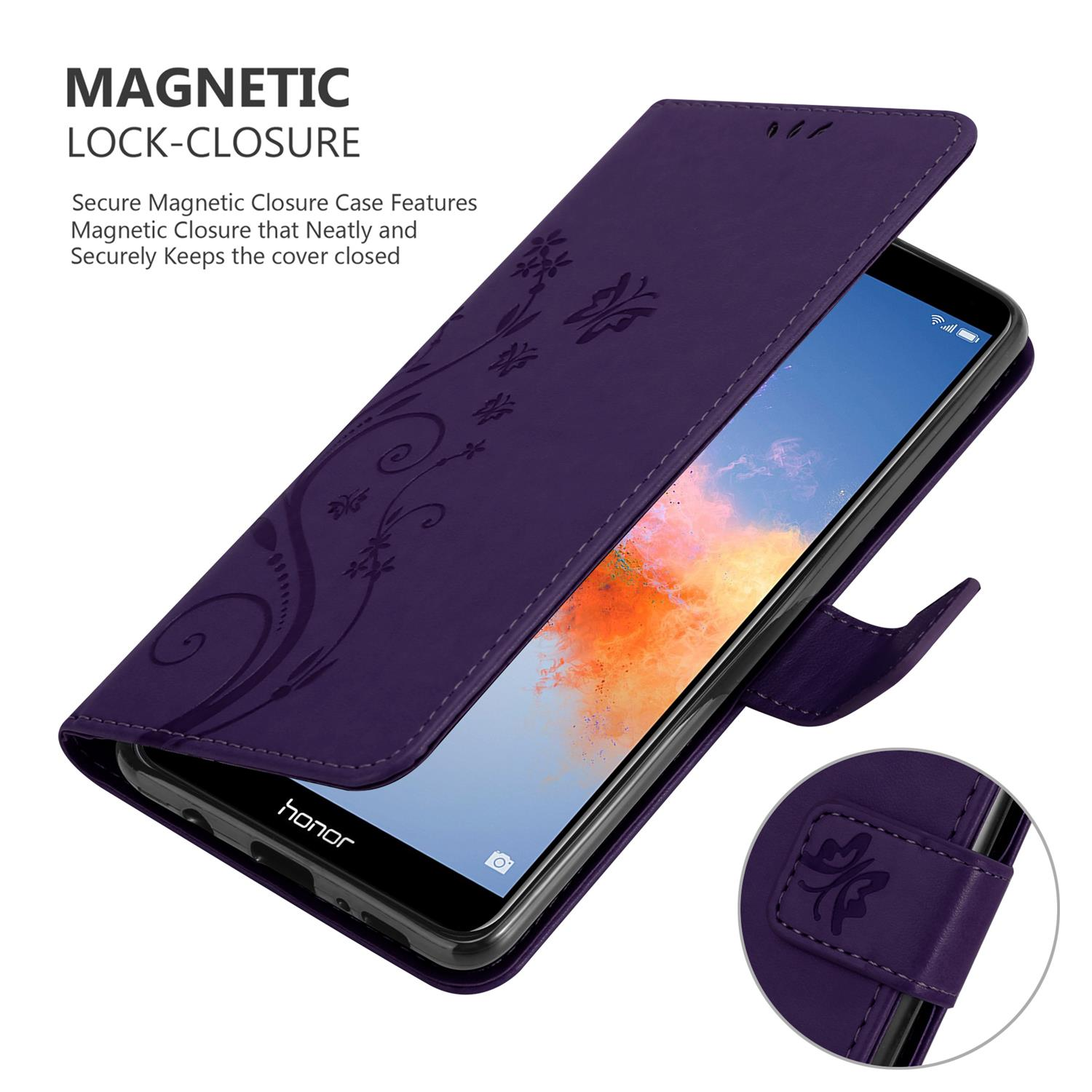 Custodia per telefono viola, aperta, con un telefono all'interno. La custodia ha un motivo floreale e chiusura magnetica.