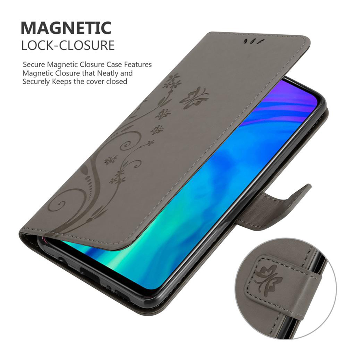 Custodia per telefono grigia aperta, che rivela lo schermo del telefono. Il motivo floreale adorna la custodia. Chiusura magnetica visibile.
