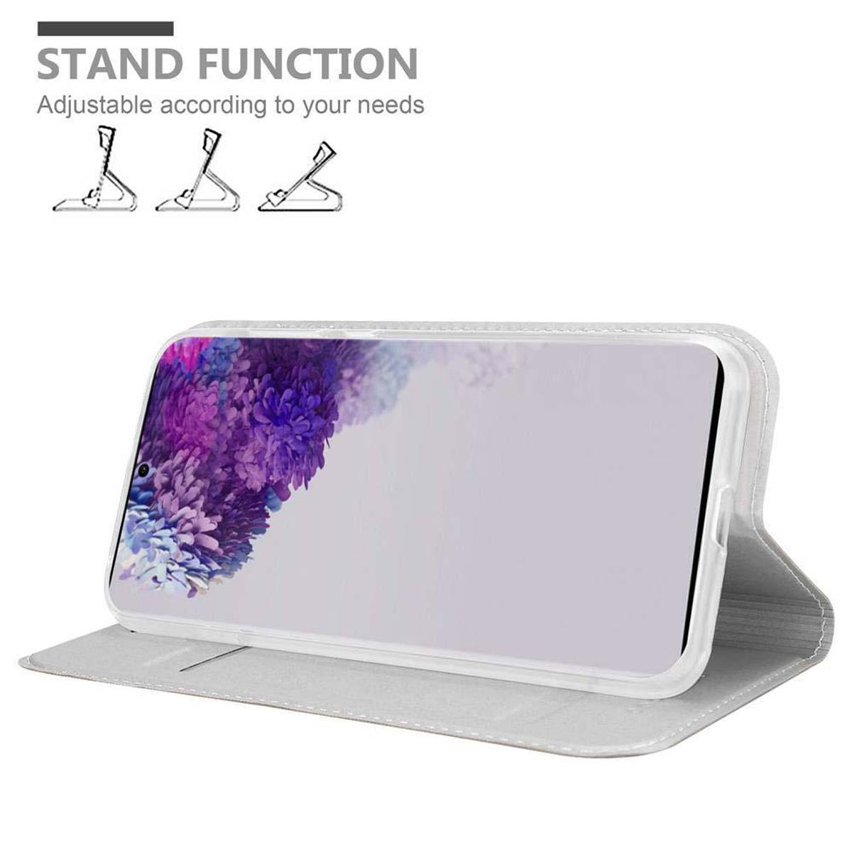 Ein Telefon in einer weißen Hülle ist zum Aufstellen hochgestellt. Es ist eine Standfunktion. Die Hülle ist offen und das Telefon sichtbar.