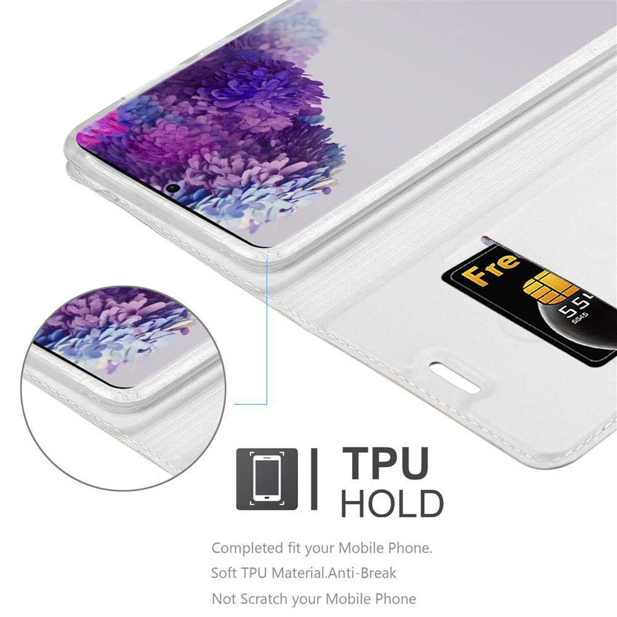 Weißes Handy-Case offen, zeigt ein Telefon im Inneren. Enthält eine SIM-Karte. Worte: TPU HOLD.
