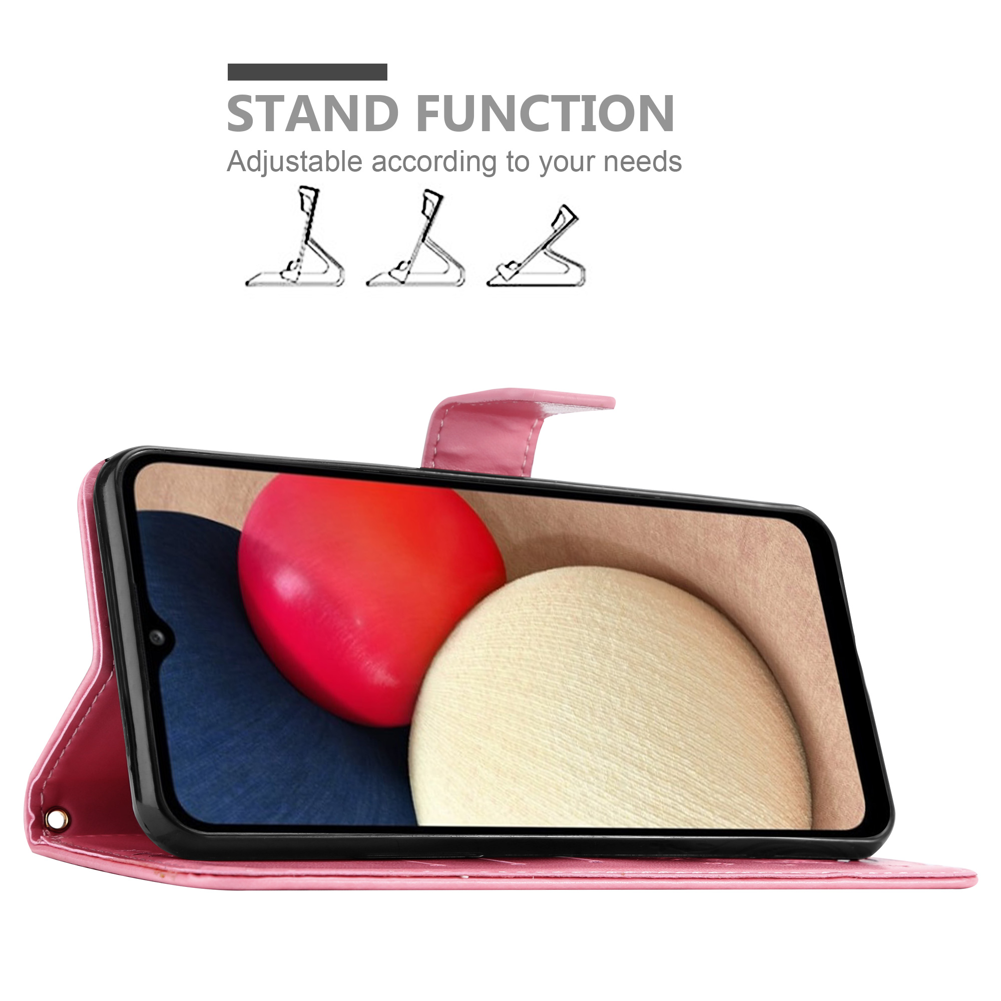 Custodia rosa con telefono che mostra sfondo. Testo: Funzione stand. Regolabile in base alle tue esigenze.