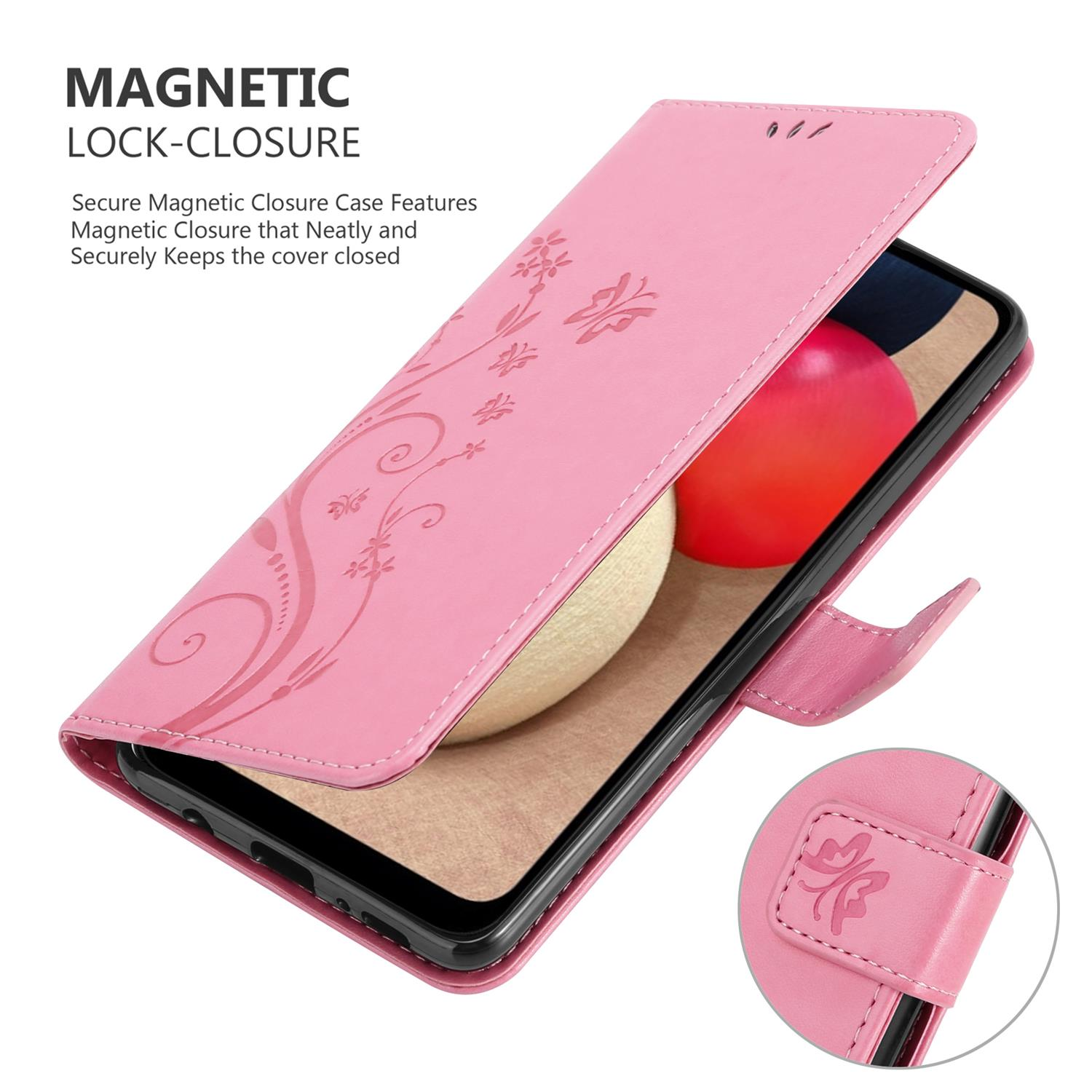 Custodia per telefono rosa con design floreale e chiusura magnetica.