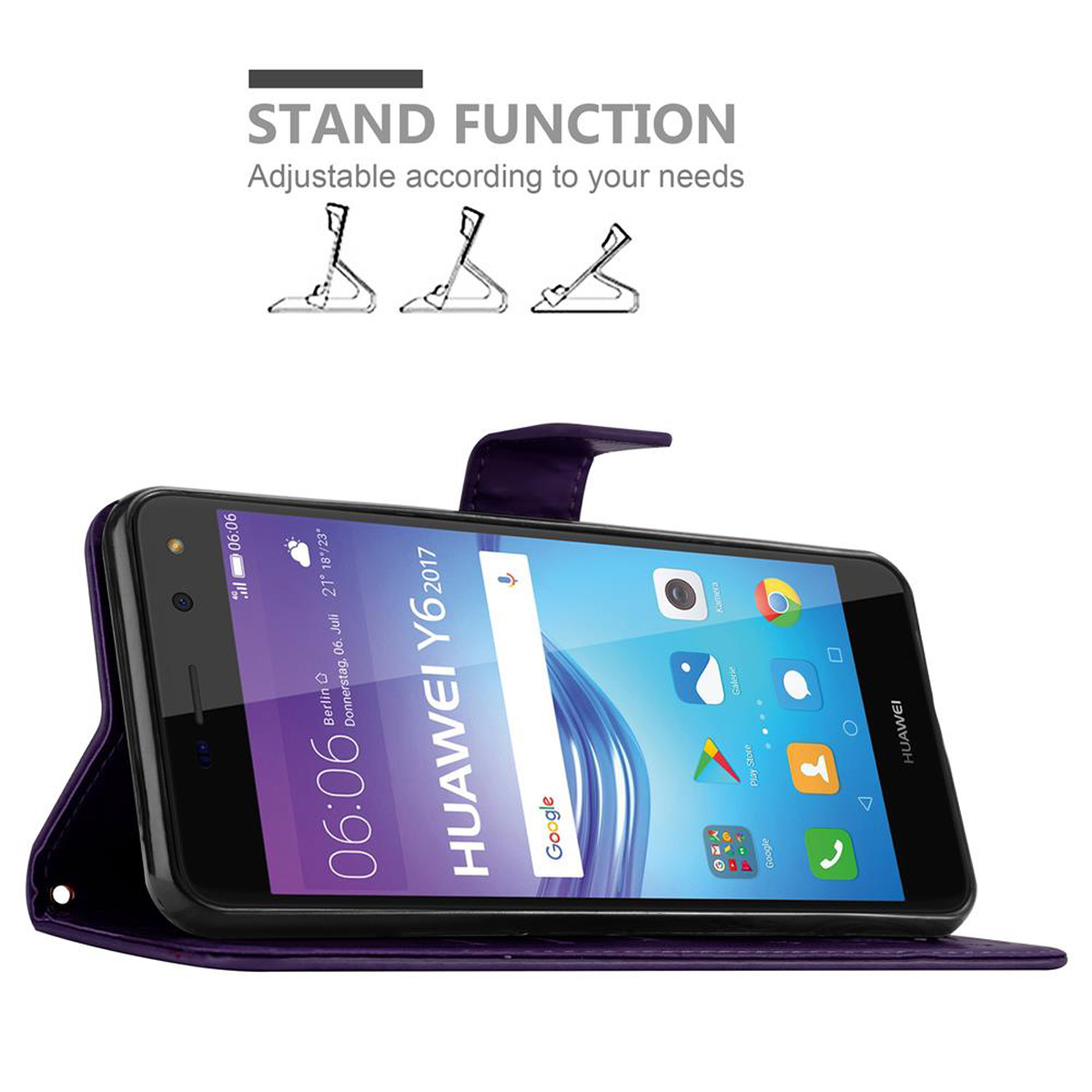 Custodia viola per telefono con telefono all'interno, aperta per stare in piedi. Lo schermo del telefono mostra l'ora e la ricerca Google. Funzione supporto.