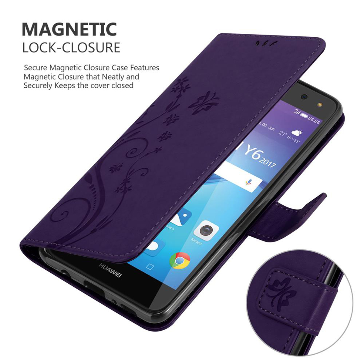 Custodia viola aperta, con telefono che mostra la schermata iniziale e una chiusura.