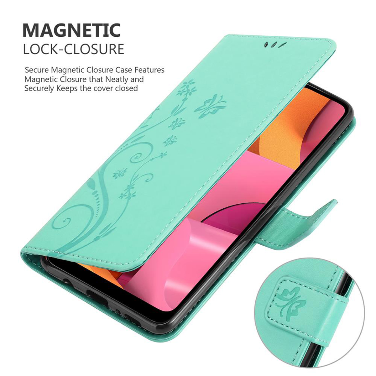 Custodia verde menta aperta, che mostra lo schermo del telefono. Design floreale sulla cover. Chiusura magnetica.
