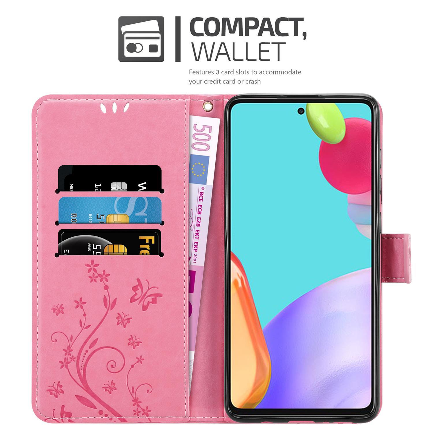 Rosa Telefon-Geldbörse offen mit Karten, Geld und Telefon. Blumendesign.
