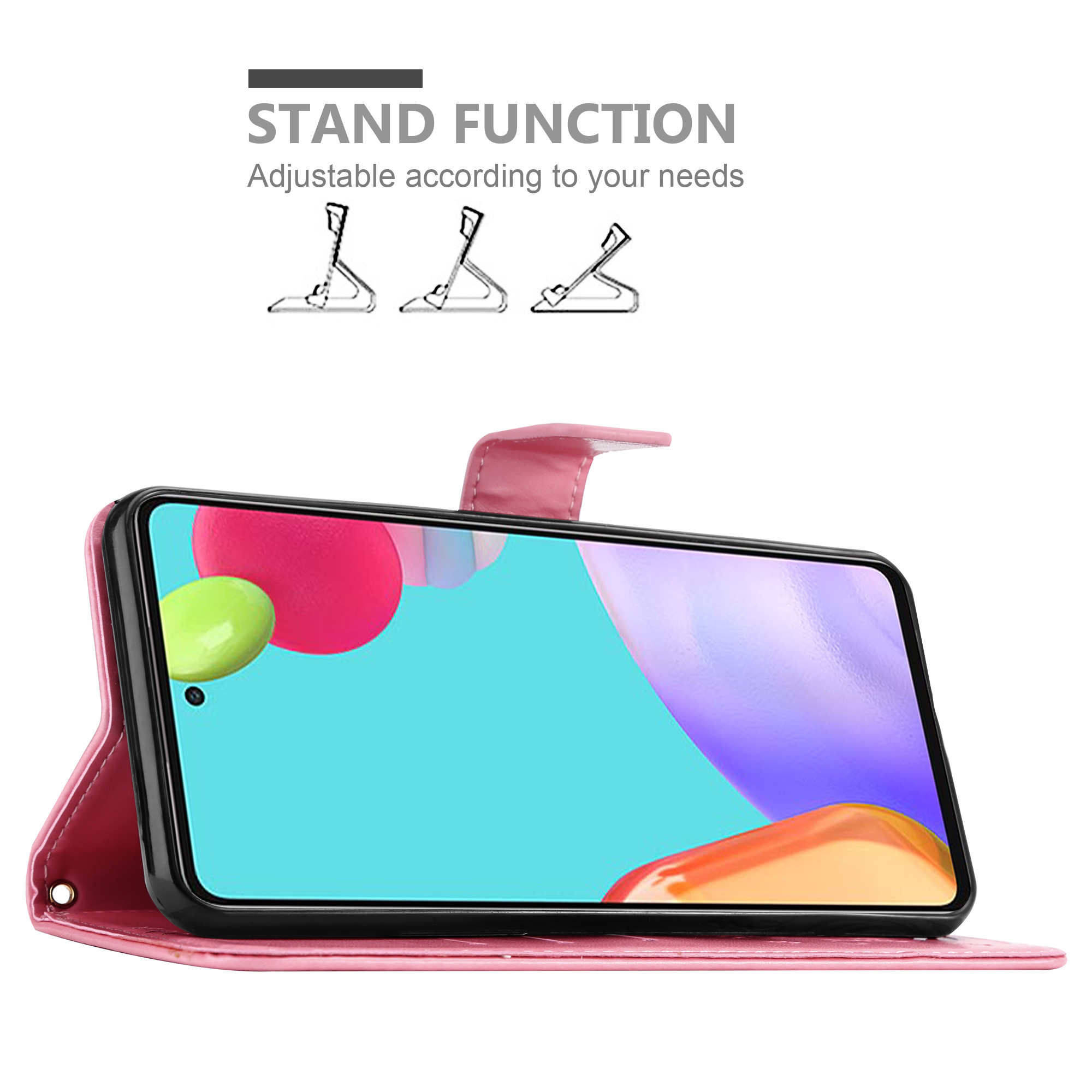 Geöffnete pinke Handyhülle, Telefonbildschirm zeigt bunte Formen. Standfunktion mit Diagrammen, zur Anpassung.